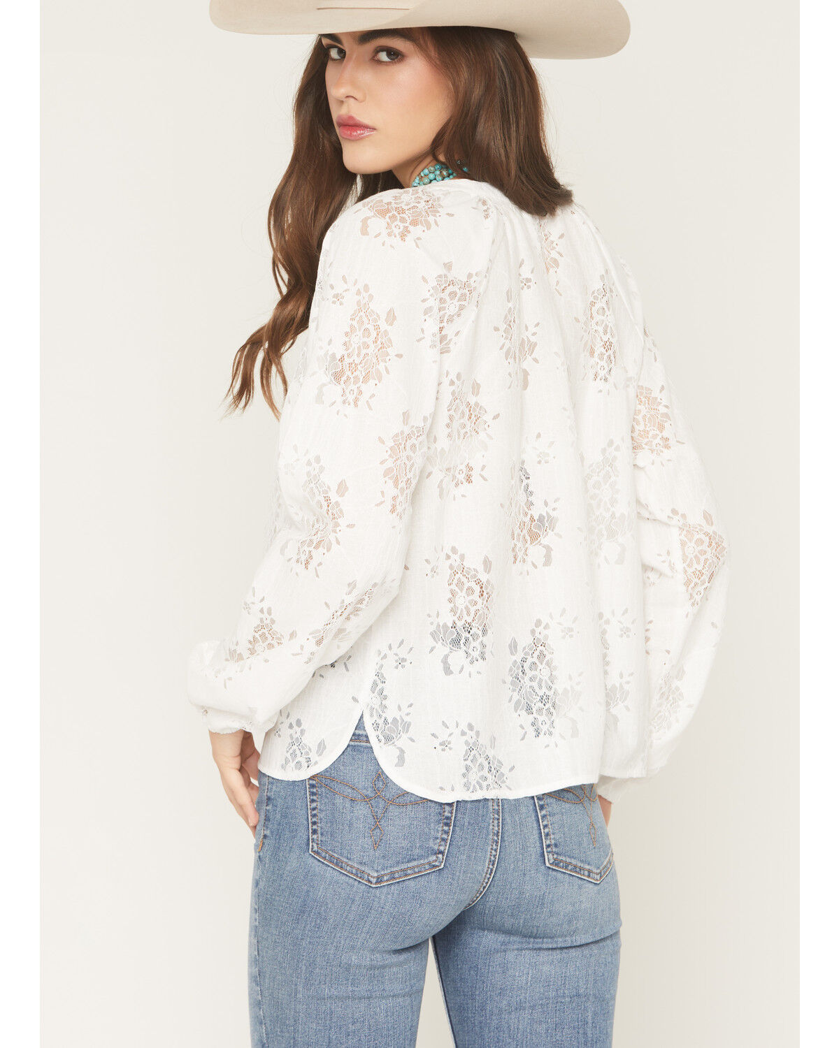 Image #4 - Wild Moss Women's Solid Lace Long Sleeve Button-Down Peasant Top, White, hi-res