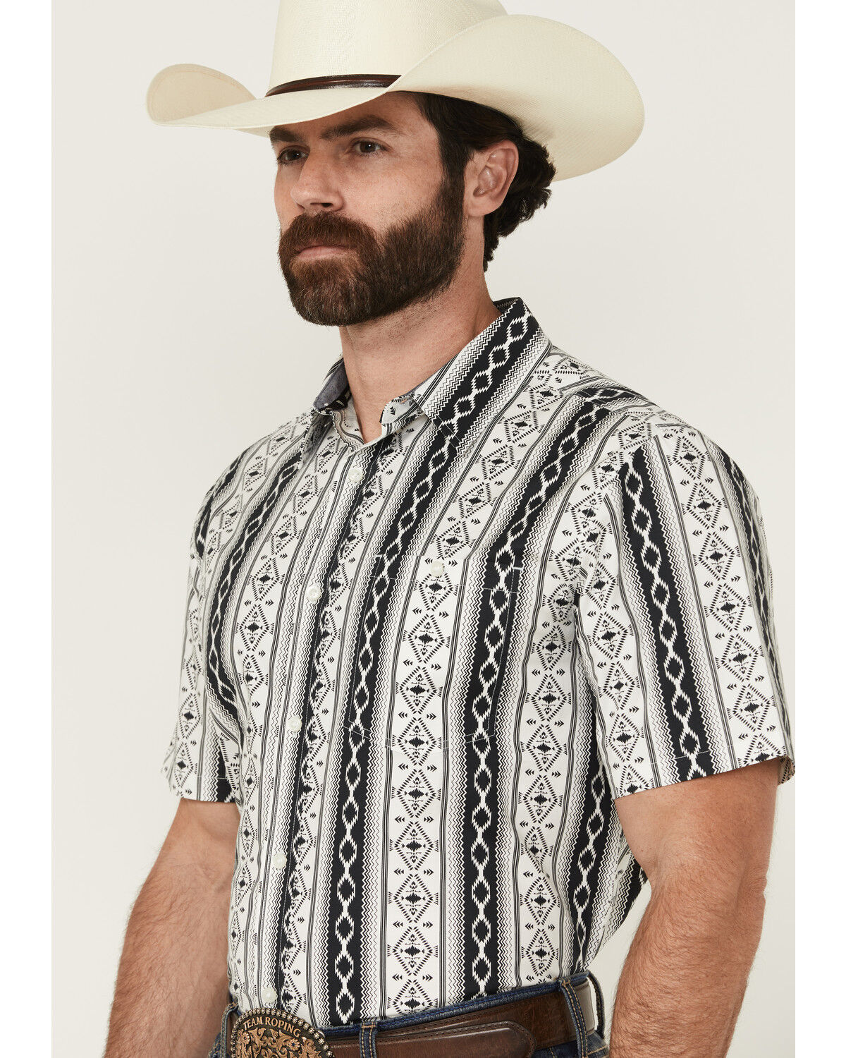 Image #2 - RANK 45&reg; Men's Buffalo Southwestern Striped Print Short Sleeve Button-Down Stretch Western Shirt, White, hi-res