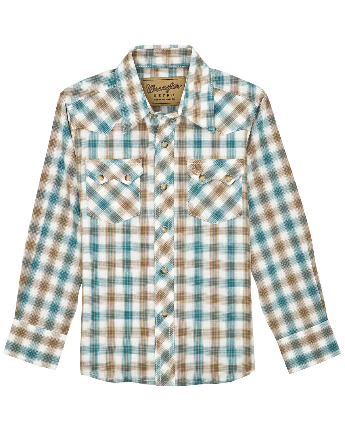 Wrangler Retro Boys' Plaid Print Long Sleeve Snap Western Shirt, Cream, hi-res