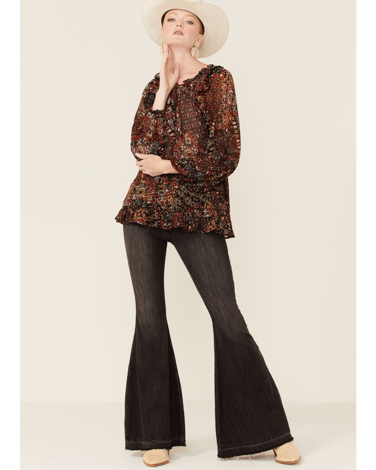 Image #4 - Miss Me Women's Boho Paisley Peasant Top, Black, hi-res