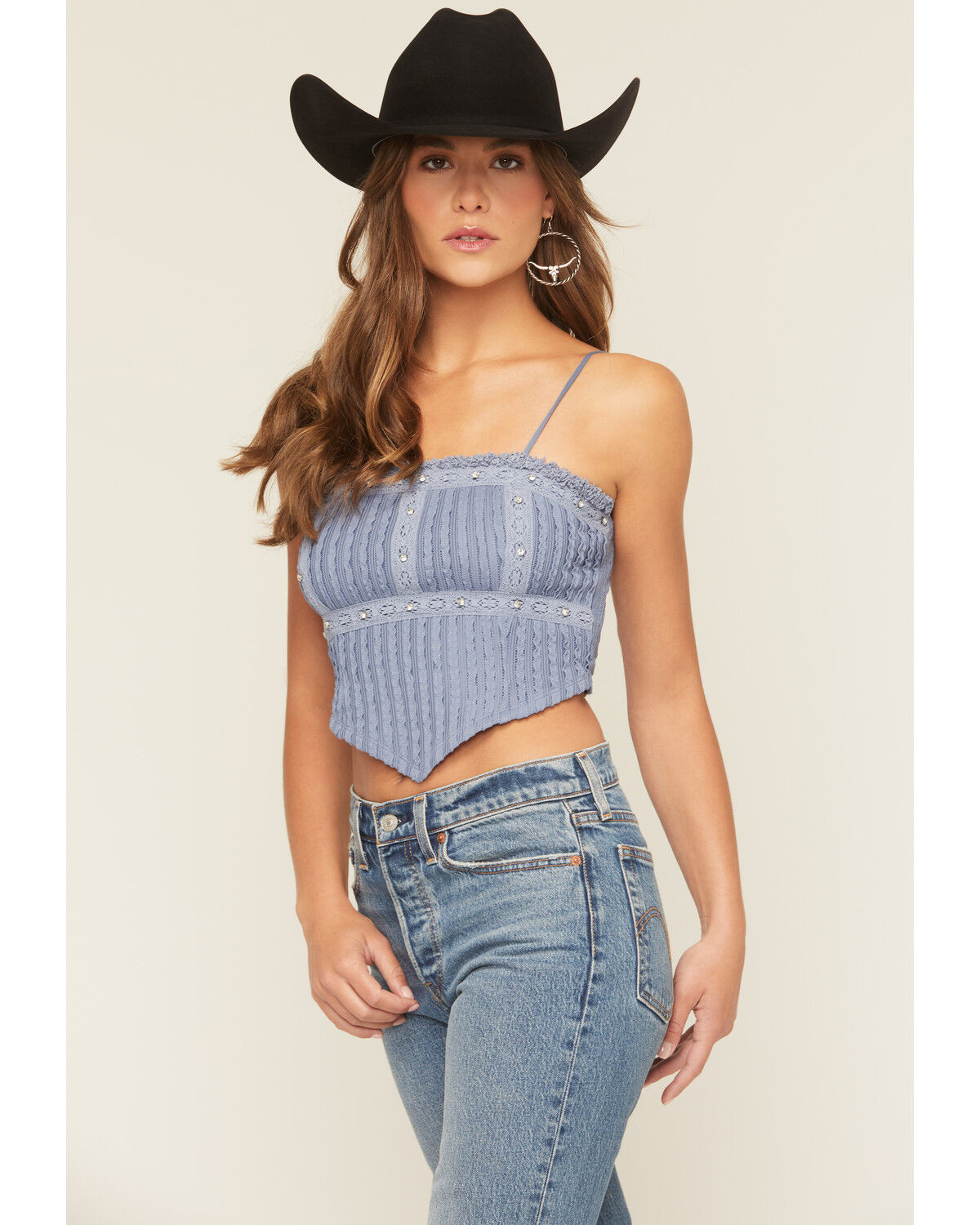 Miss Me Women's Studded Cropped Tank Top, Blue, hi-res