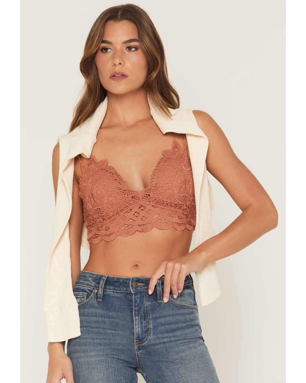 Wishlist Women's Strappy Lace Applique Scallop Lace Bralette, Rust Copper, hi-res