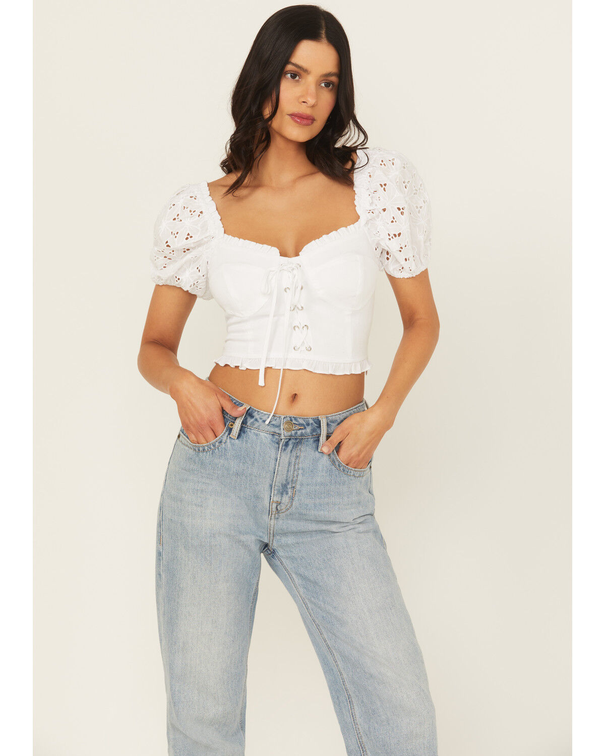 Miss Me Women's Eyelet Sleeve Bustier Top, White, hi-res