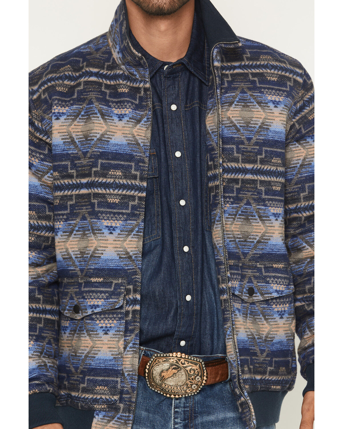 Image #3 - Rock & Roll Men's Southwestern Print Jacquard Bomber Jacket, Blue, hi-res