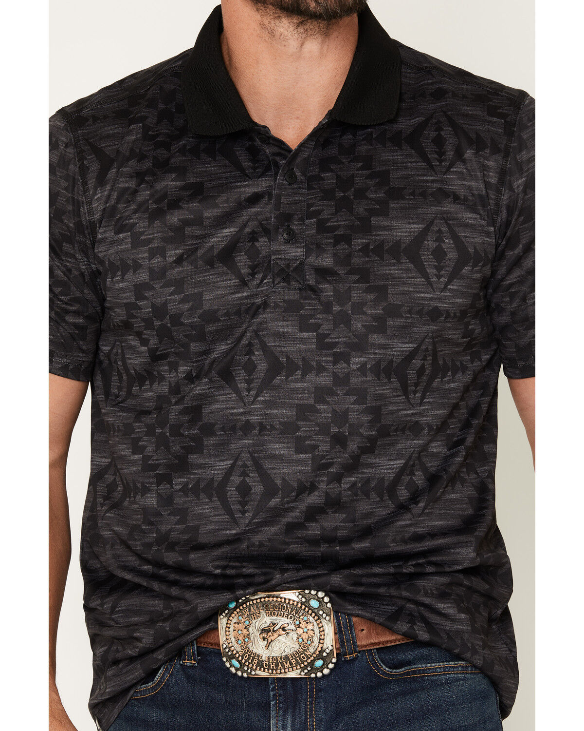 Image #3 - RANK 45&reg; Men's Tonal Southwestern Print Short Sleeve Button-Down Polo Shirt, Charcoal, hi-res