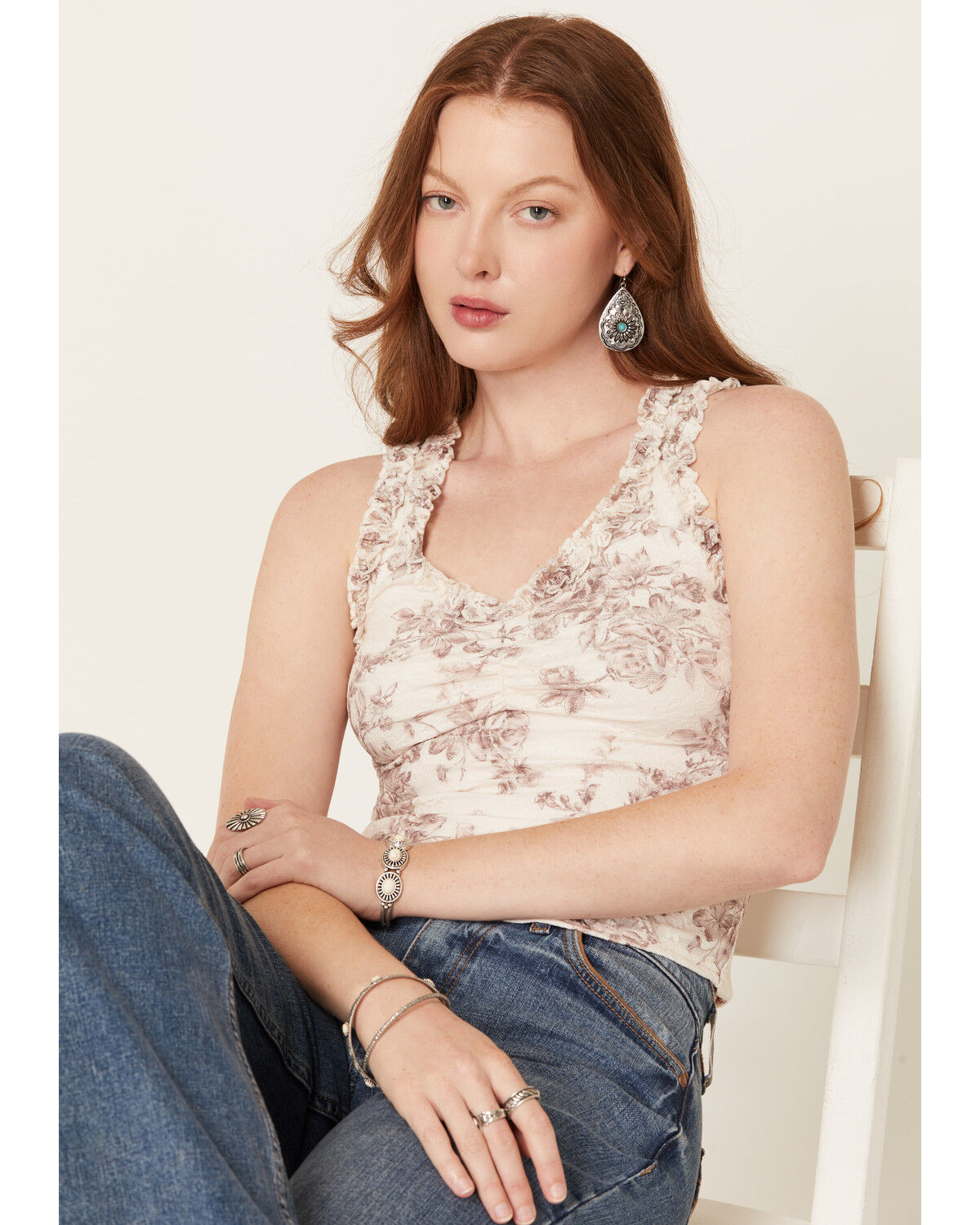 Image #1 - Originality Women's Floral Print Lace Tank Top, Ivory, hi-res