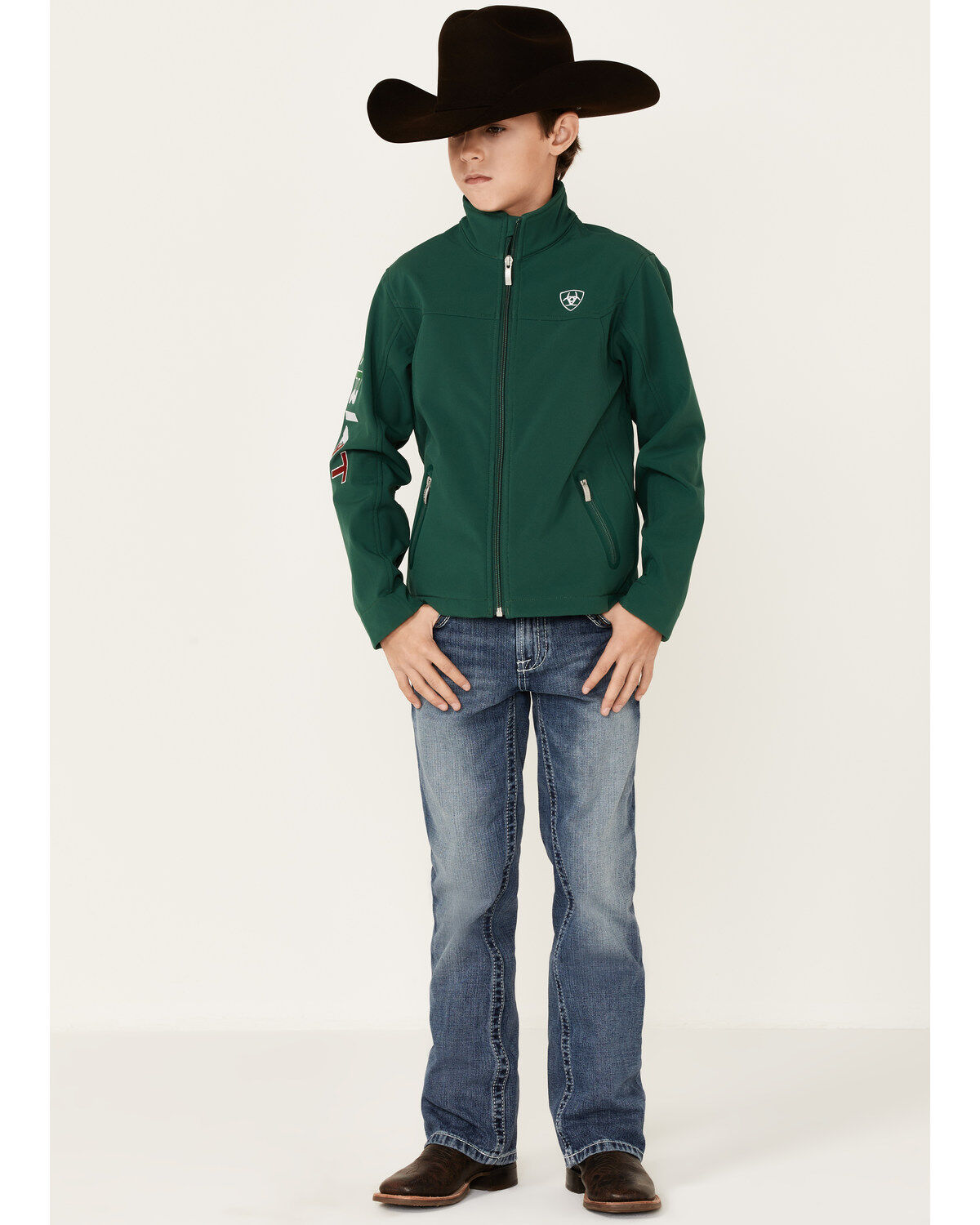 Image #4 - Ariat Boys' Team Mexico Patch Flag Zip-Front Softshell Jacket, Green, hi-res