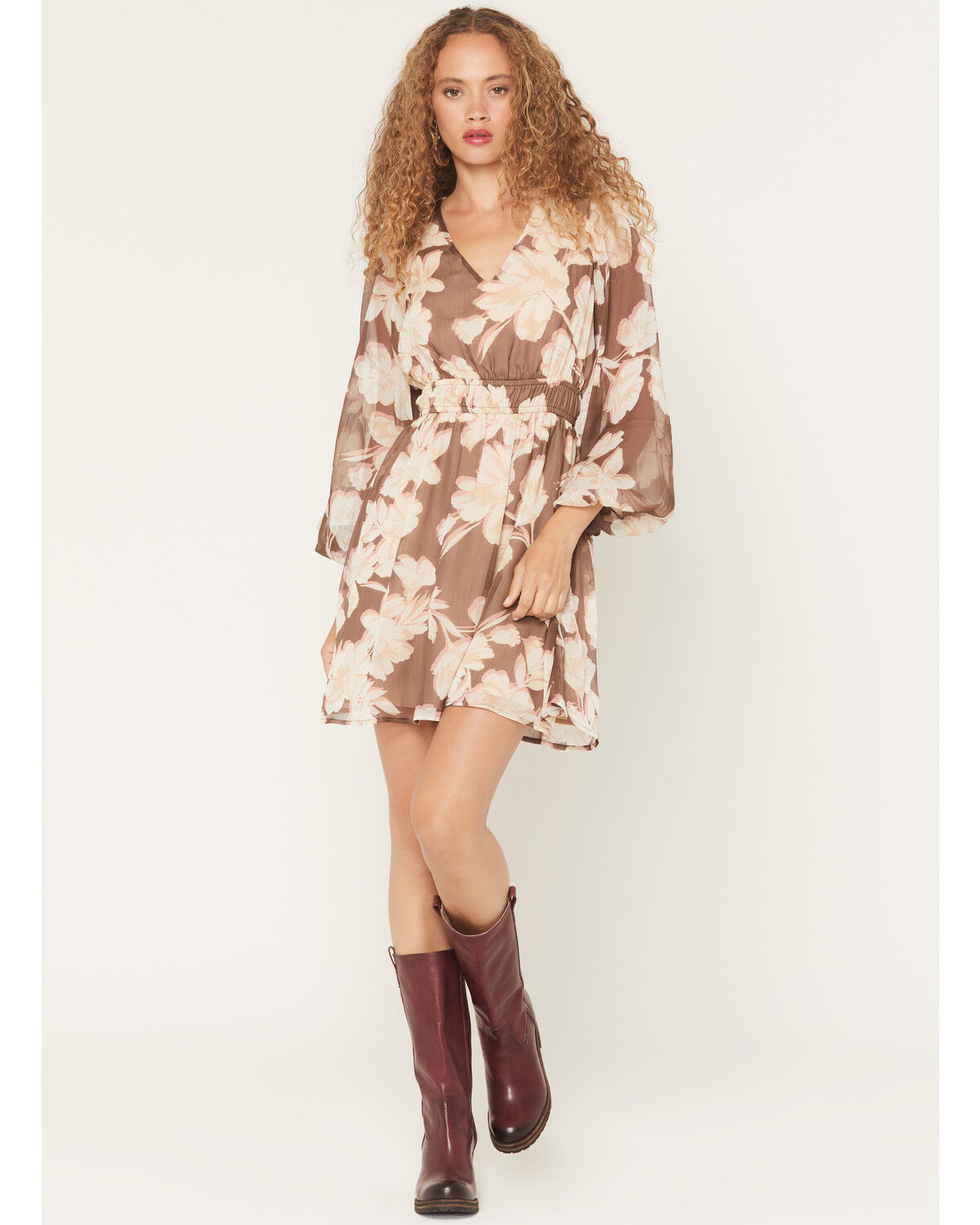 Shyanne Women's Floral Long Sleeve Crinkle Mini Dress, Brown, hi-res