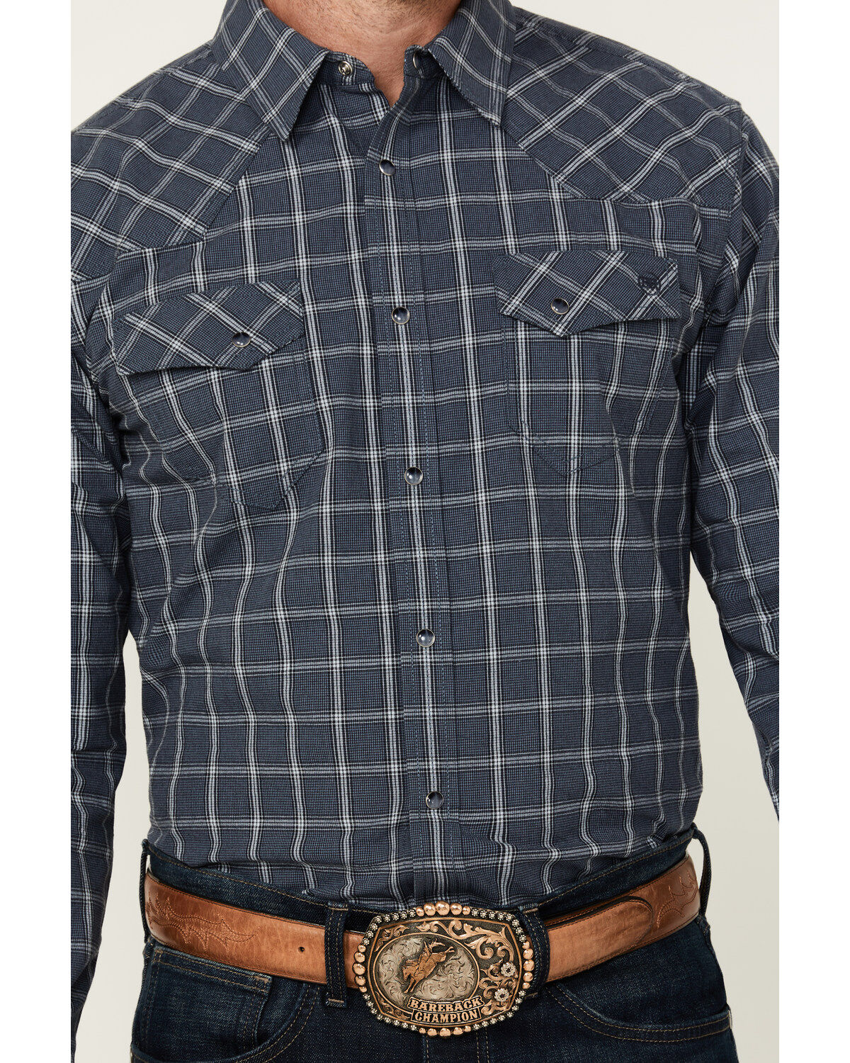 Image #3 - Blue Ranchwear Men's Elk Plaid Print Long Sleeve Snap Western Shirt, Indigo, hi-res