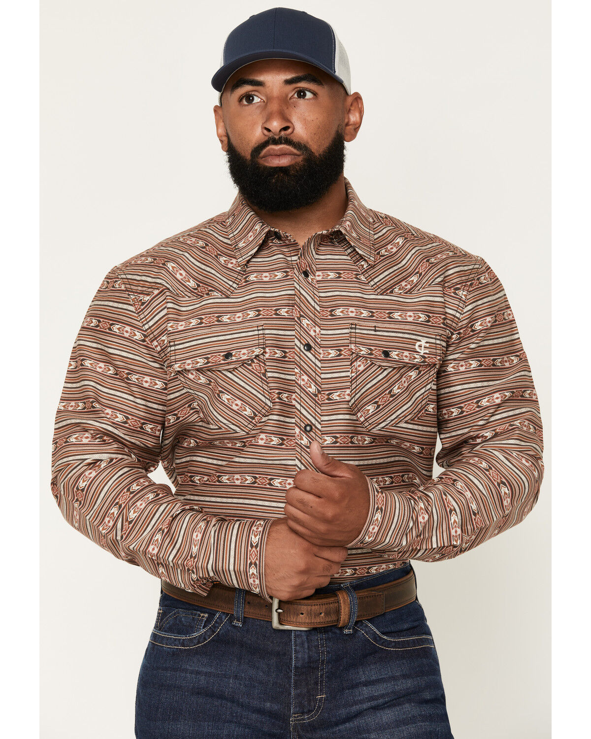 Cody James Men's FR Gila Striped Print Long Sleeve Snap Stretch Work Shirt, Dark Brown, hi-res