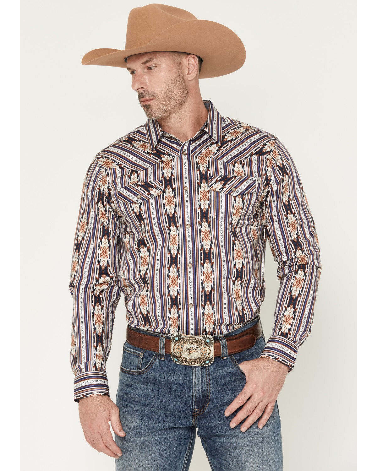 Image #1 - RANK 45&reg; Men's White Mountain Southwestern Striped Print Long Sleeve Snap Stretch Western Shirt, Multi, hi-res