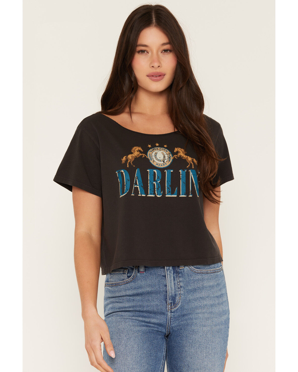 Image #1 - Idyllwind Women's Darlin' Off The Shoulder Short Sleeve Graphic Tee, Black, hi-res