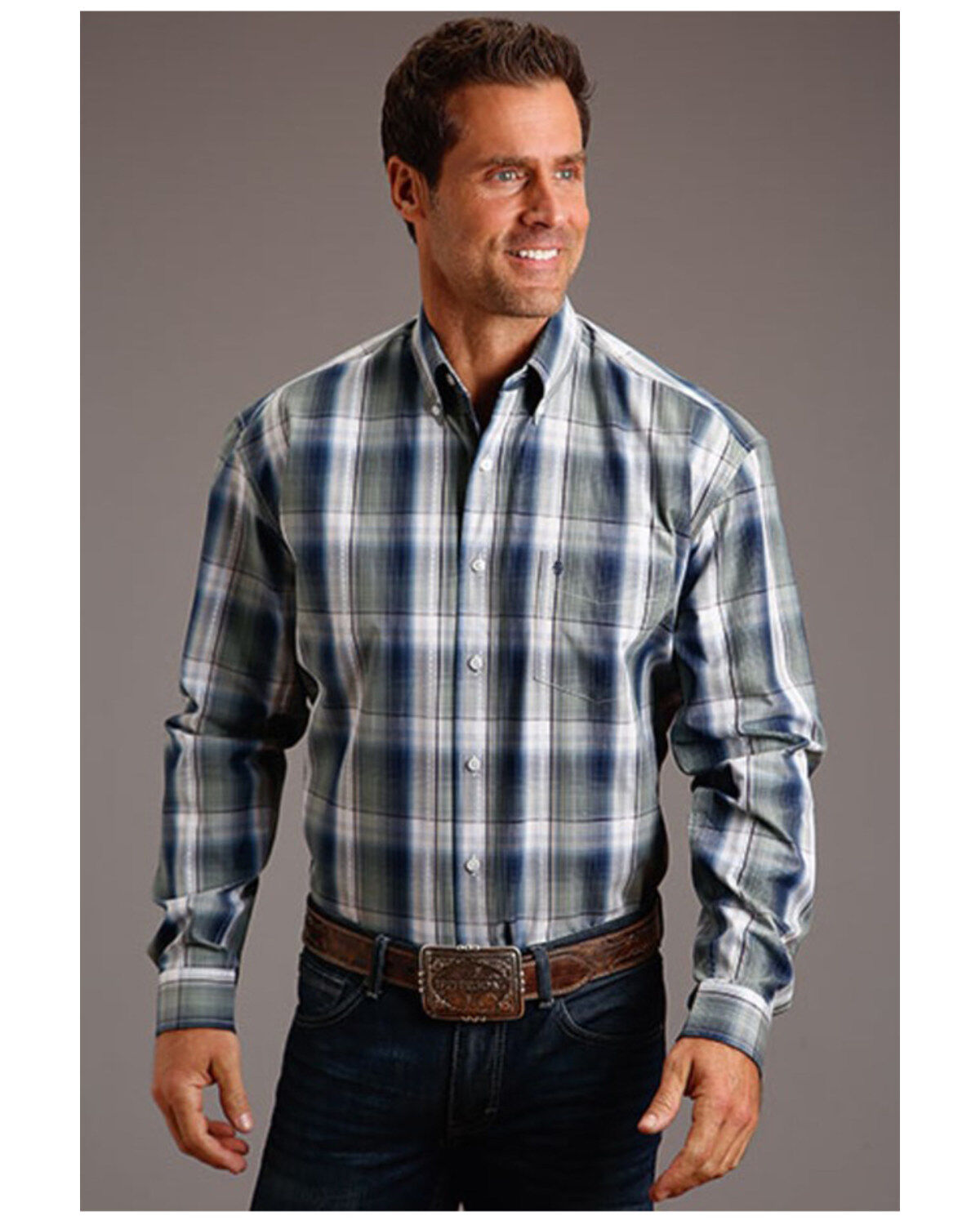 Image #1 - Stetson Men's Dobby Plaid Print Long Sleeve Button-Down Western Shirt, Sage, hi-res