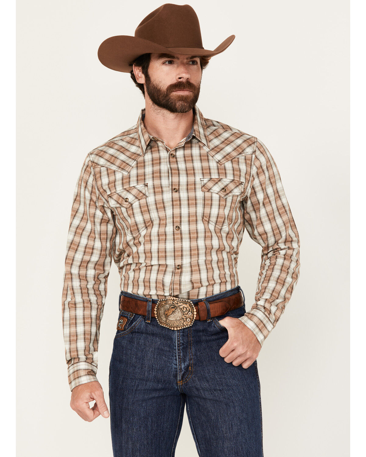 Cody James Men's Buck Off Plaid Print Long Sleeve Snap Western Shirt, Brown, hi-res