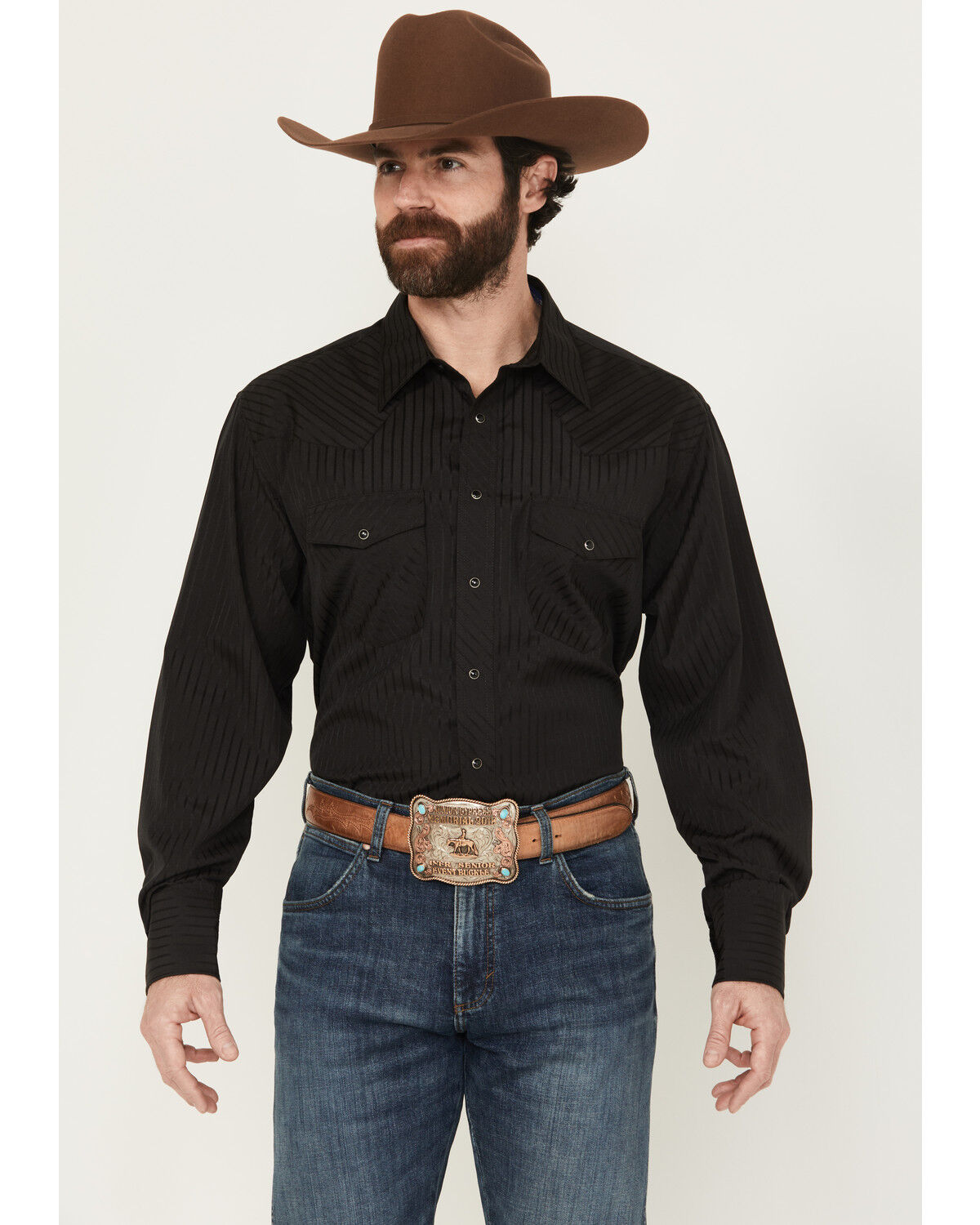 Image #1 - Wrangler Men's White Solid Dobby Long Sleeve Pearl Snap Western Shirt - Big & Tall, Black, hi-res
