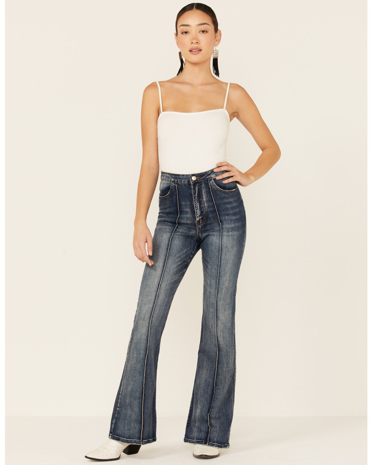 Image #1 - Flying Tomato Women's High Rise Dark Acid Wash Front Pintuck Flare Jeans, Indigo, hi-res