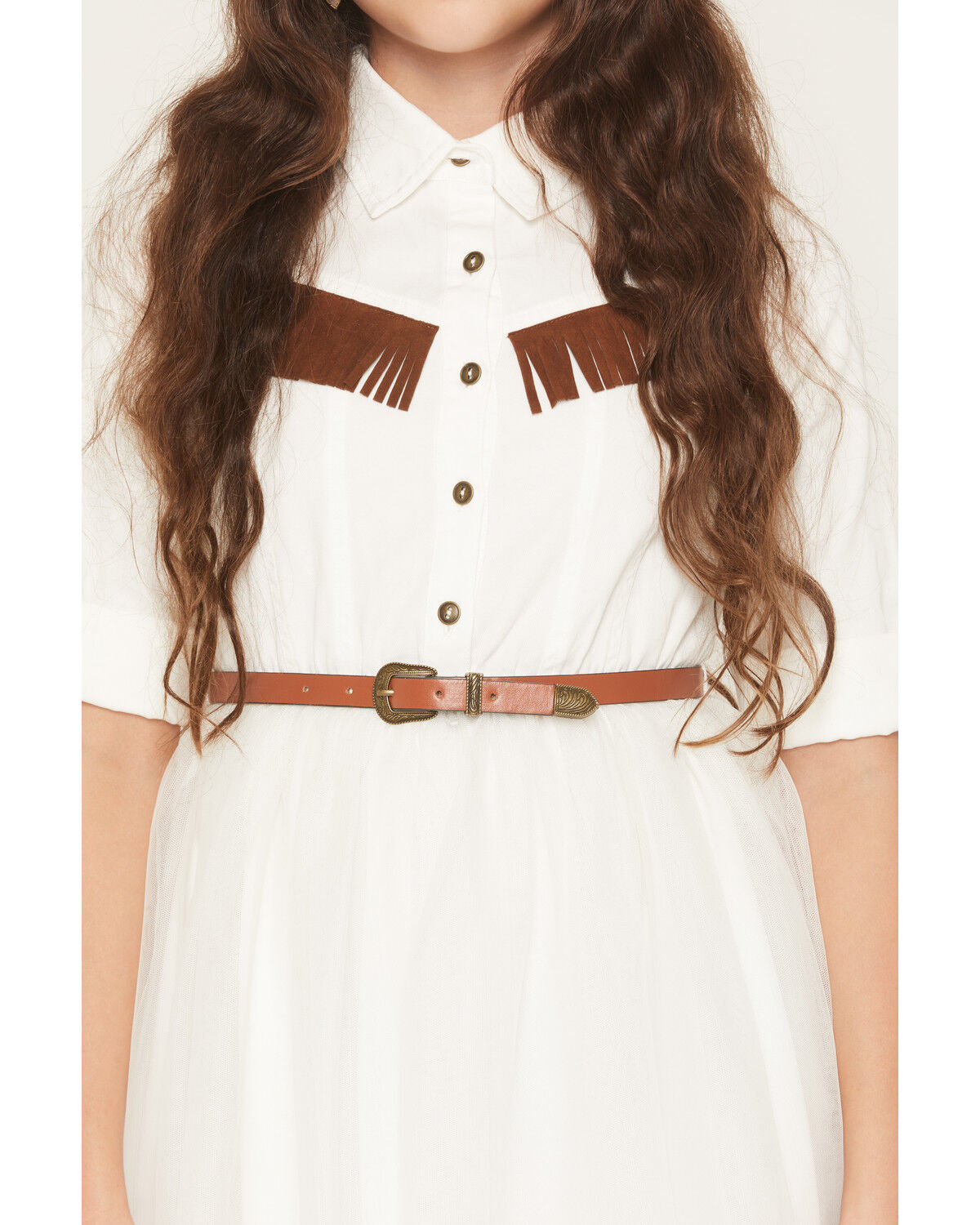 Image #3 - Sugar California Girls' Fringe Long Sleeve Button-Down Denim Tutu Dress, Ivory, hi-res