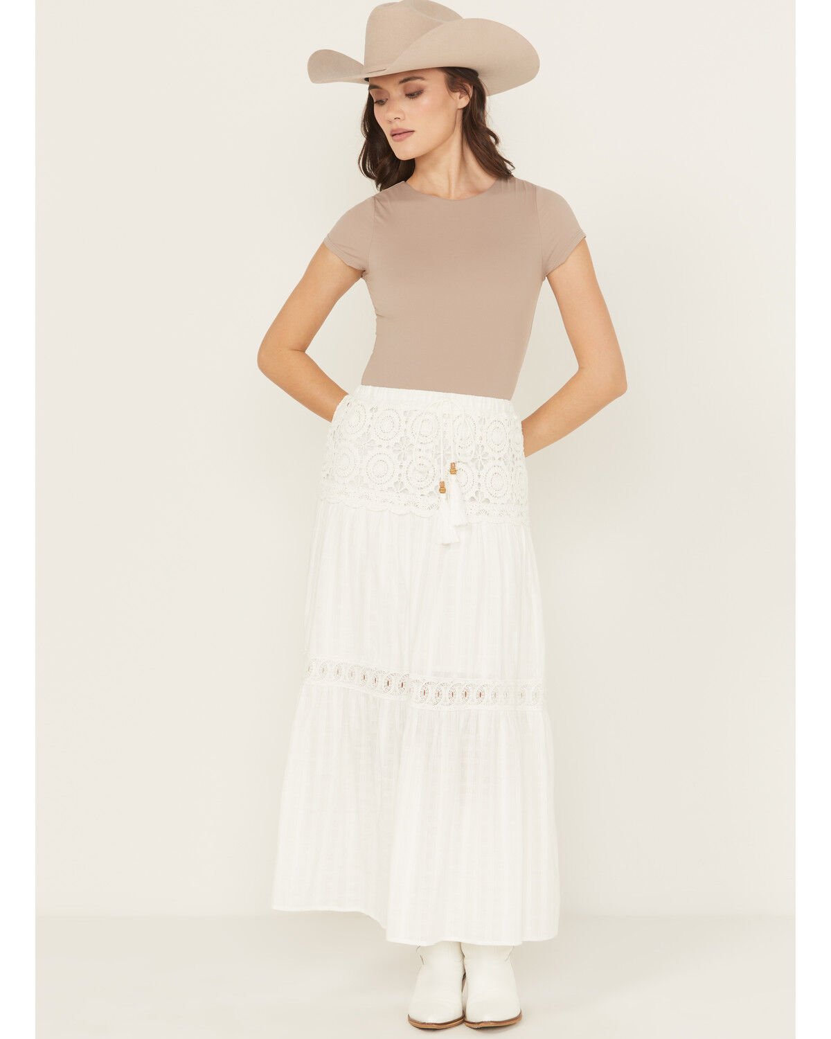 Miss Me Women's Crochet Lace Yoke Skirt, White, hi-res