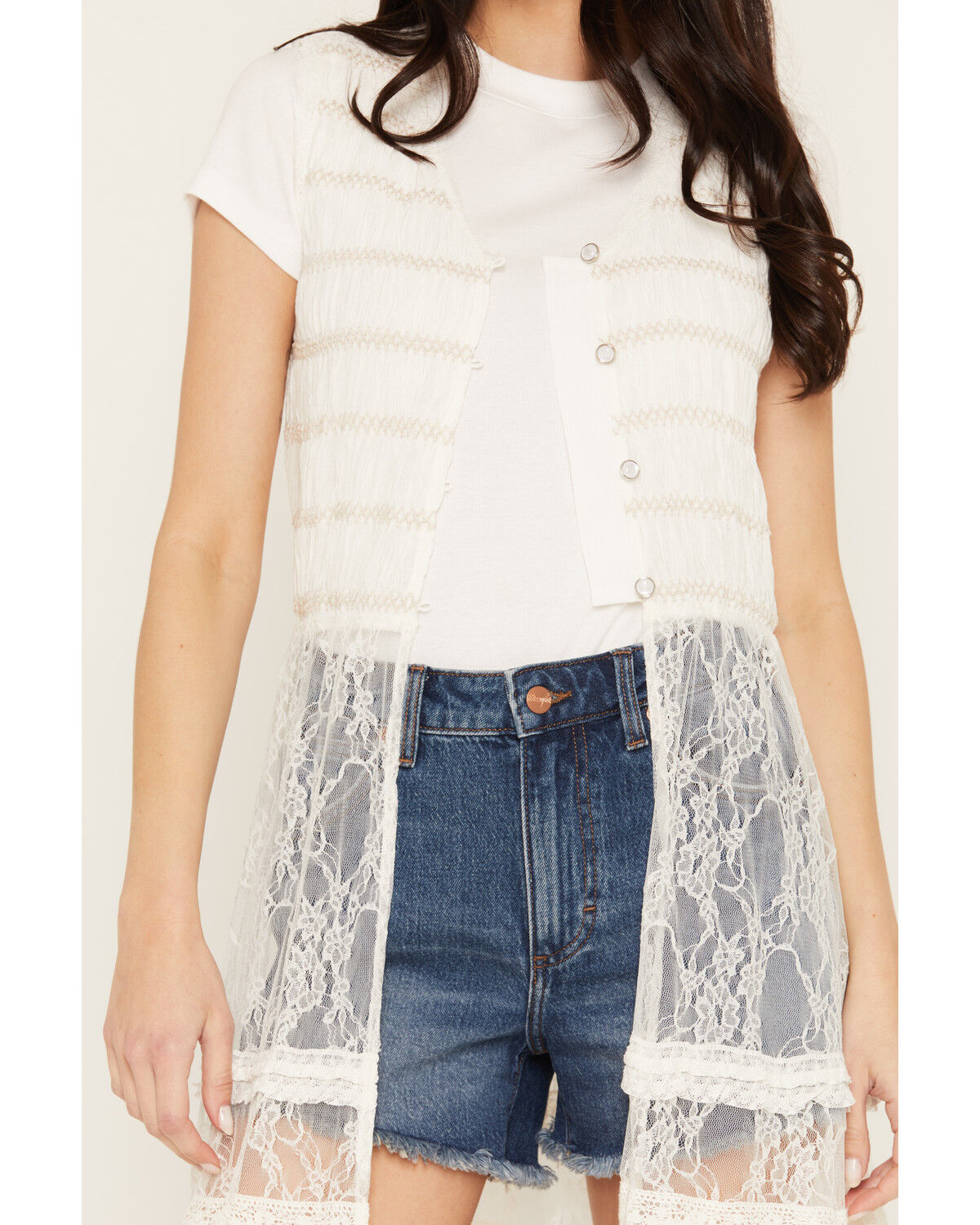 Image #3 - Baeverly Women's Smocked Lace Button-Down Kimono, Ivory, hi-res