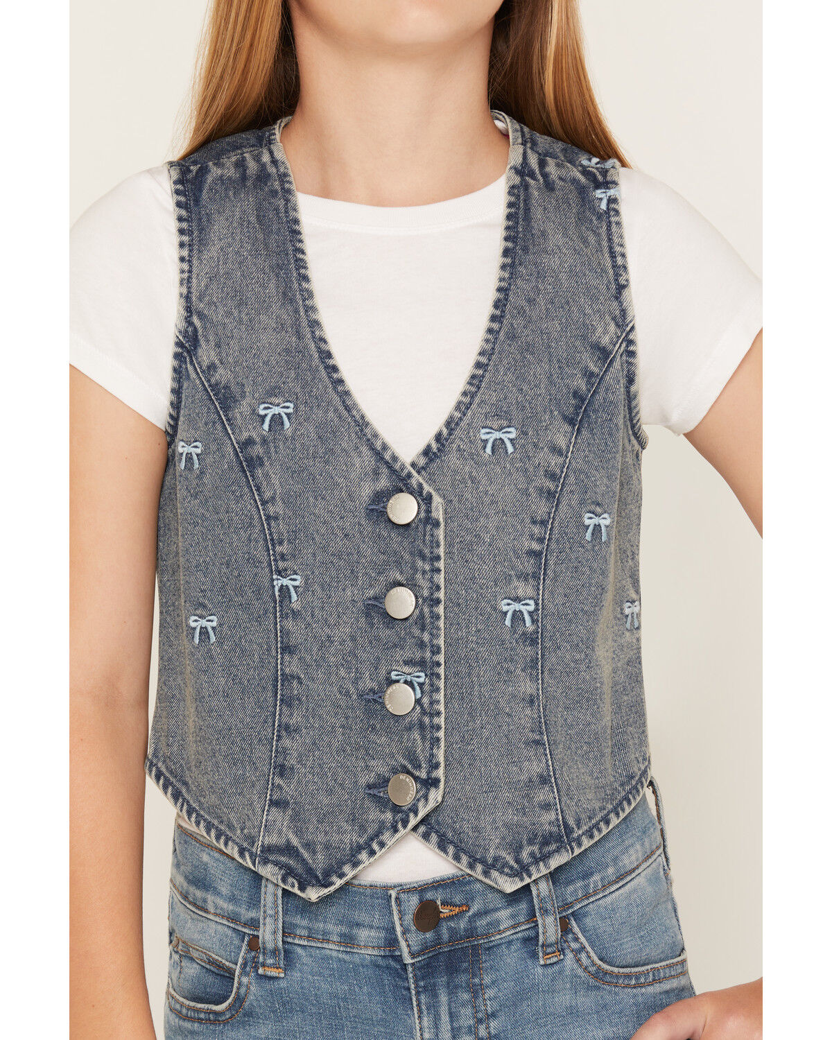 Image #3 - Ashley Girls' Bow Embroidered Denim Vest, Medium Wash, hi-res