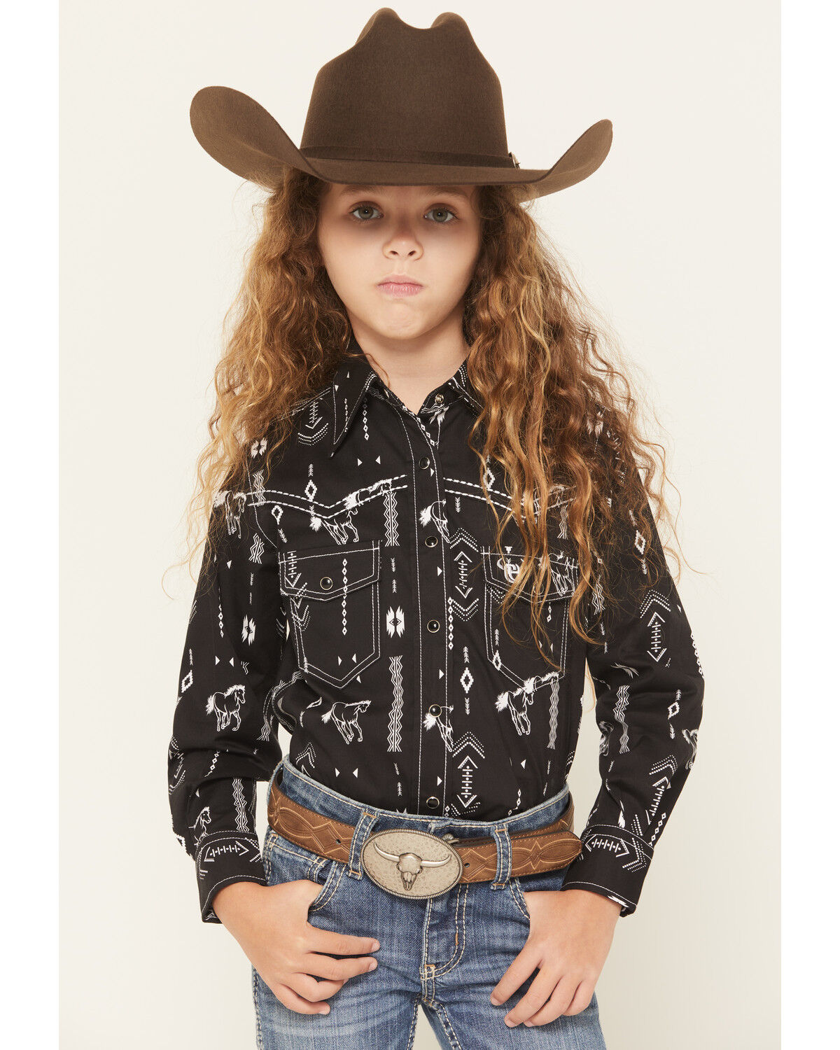 Cowgirl Hardware Girls' Horse Southwest Long Sleeve Snap Stretch Western Shirt, Black, hi-res