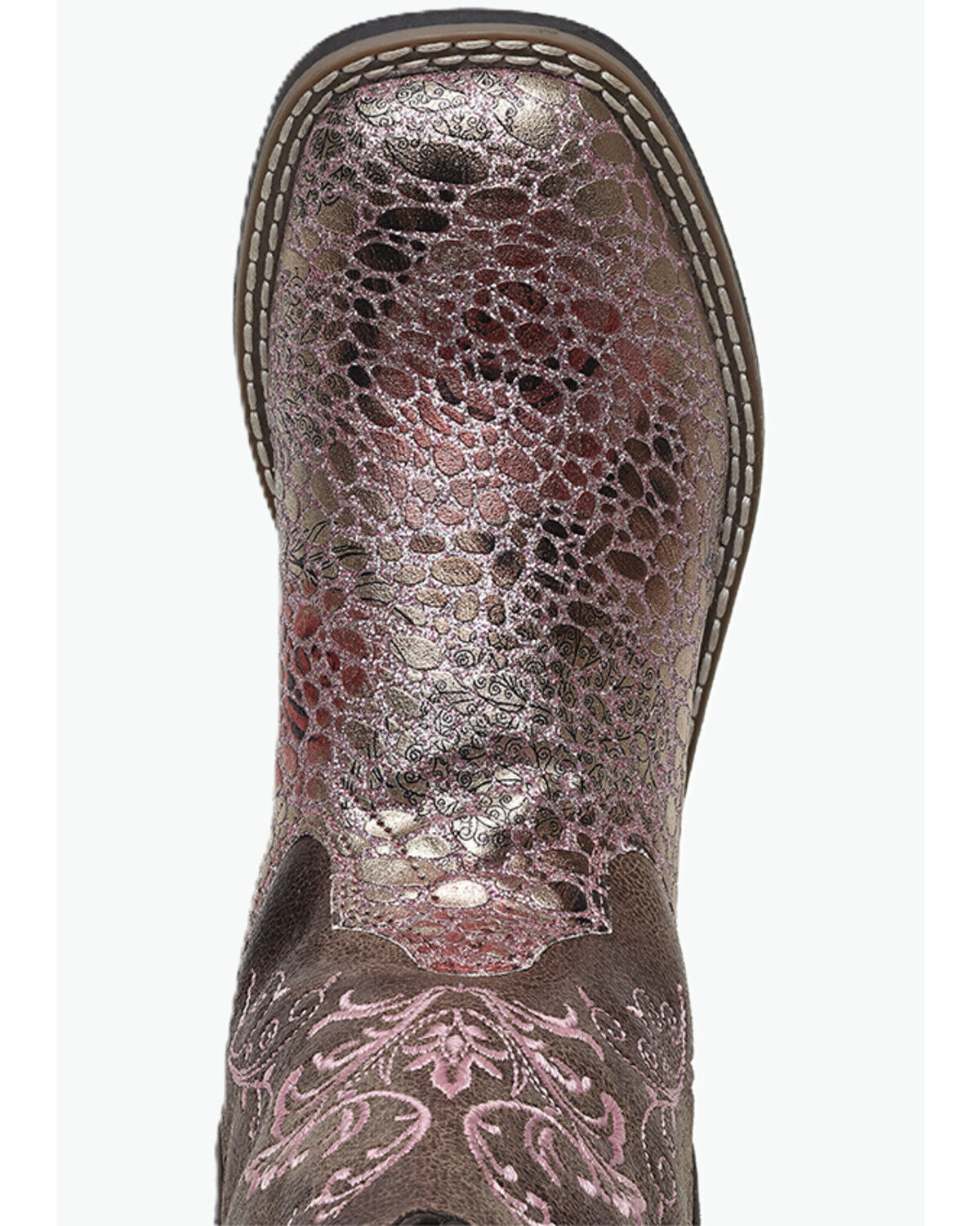 Image #6 - Old West Girls' Embroidered Metallic Western Boots - Broad Square Toe, Pink, hi-res