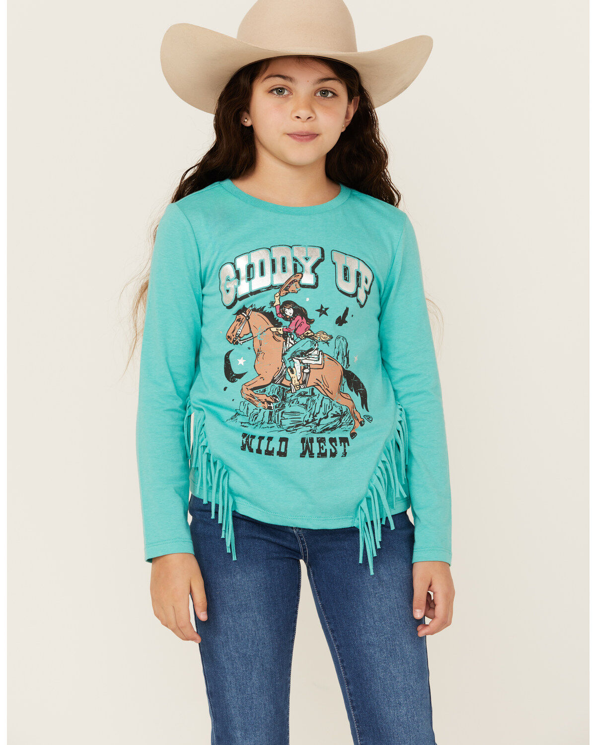 Rock & Roll Denim Girls' Giddy Up Long Sleeve Graphic Tee, Teal, hi-res