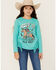 Image #1 - Rock & Roll Denim Girls' Giddy Up Long Sleeve Graphic Tee, Teal, hi-res