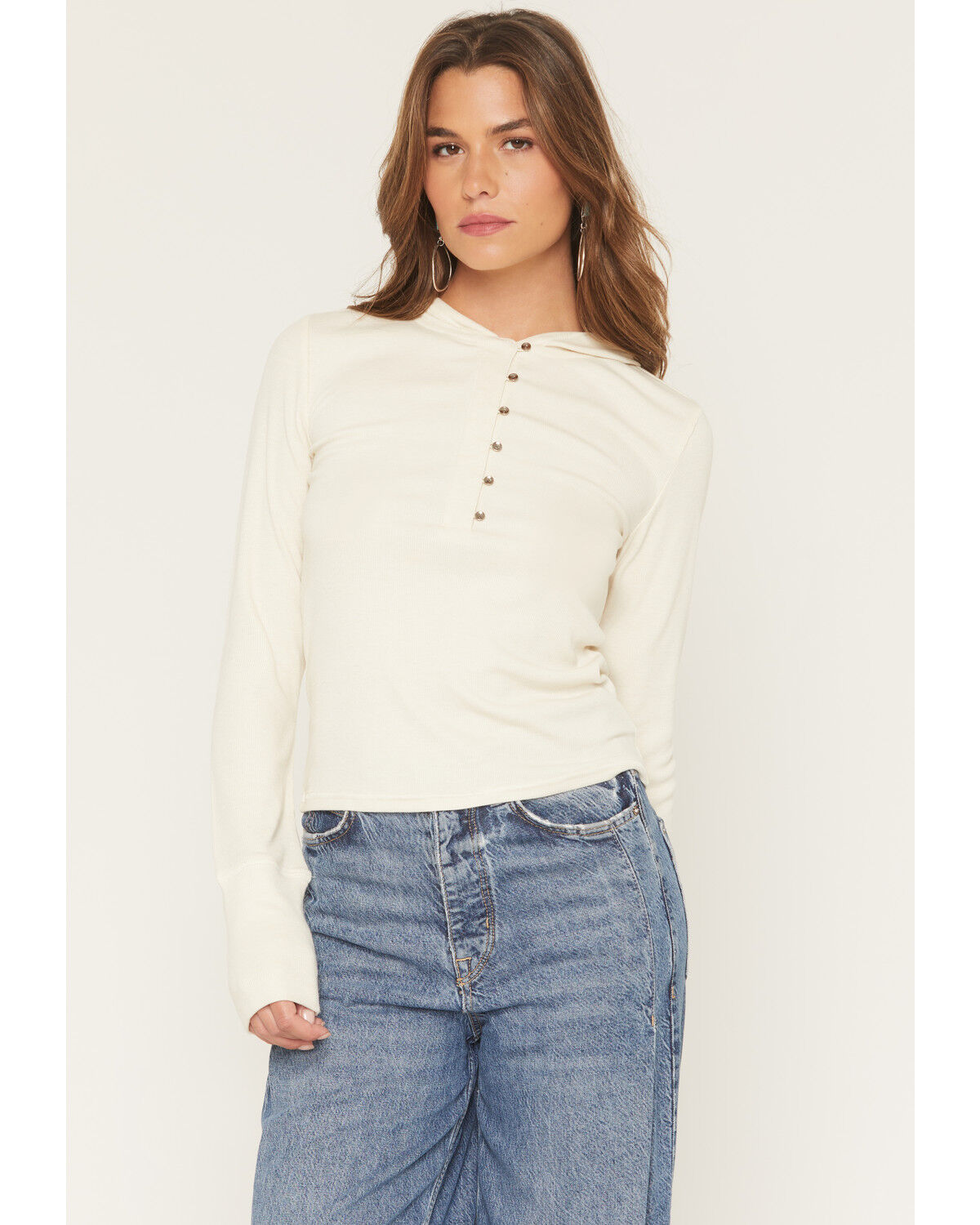 Image #1 - Shyanne Women's Zelma Henley Hooded Long Sleeve Top, Sand, hi-res
