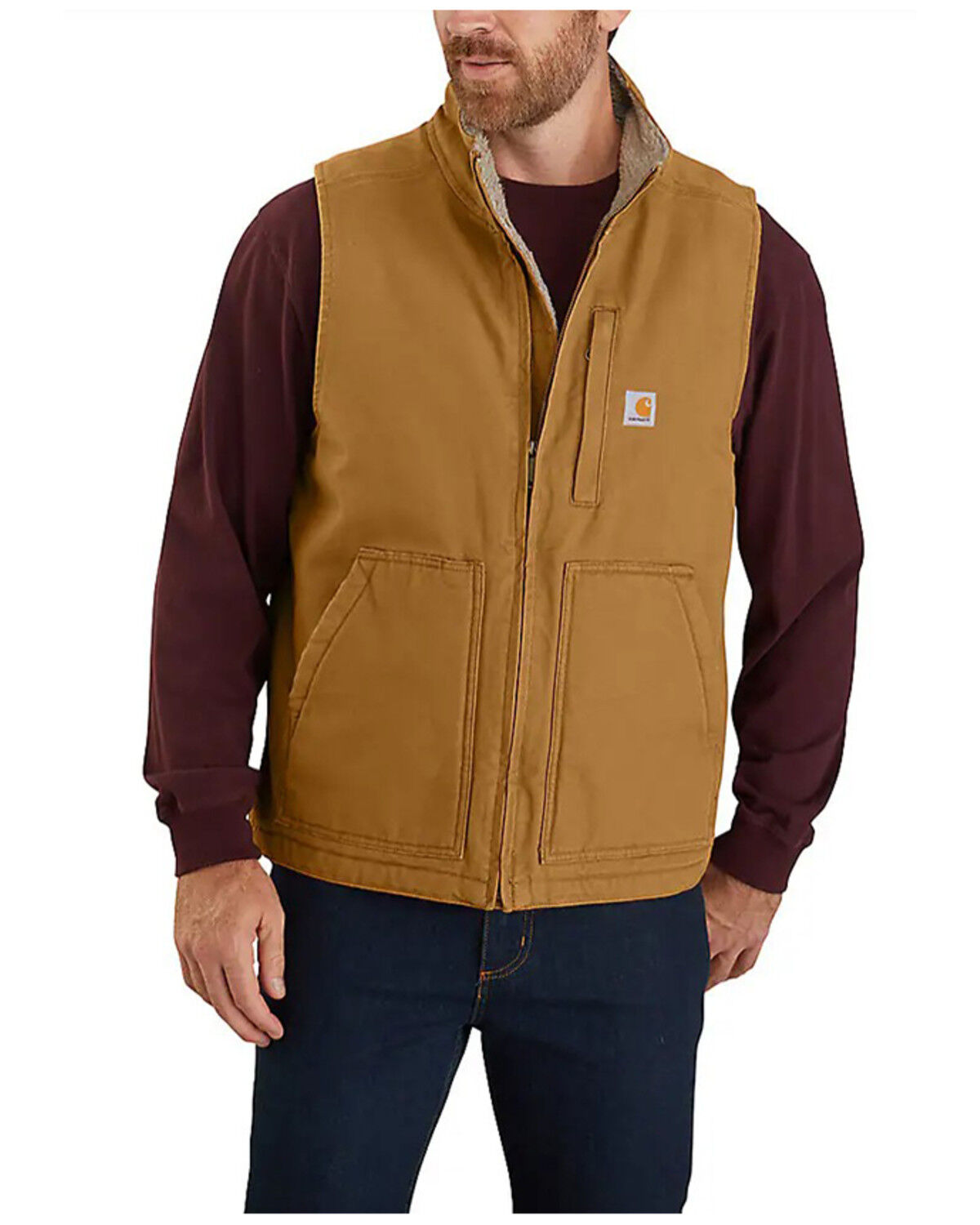 Image #1 - Carhartt Men's Brown Washed Duck Sherpa Lined Mock Neck Work Vest, Brown, hi-res