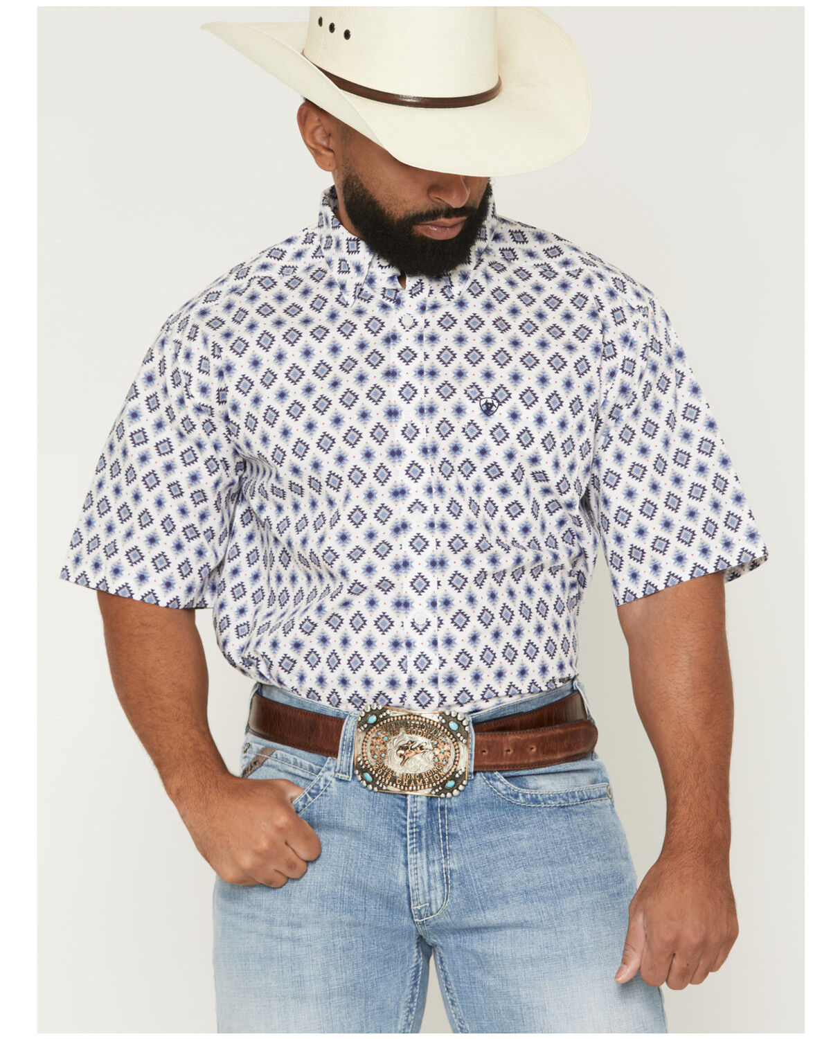 Image #1 - Ariat Men's Baxter Southwestern Print Short Sleeve Button-Down Western Shirt - Big, White, hi-res