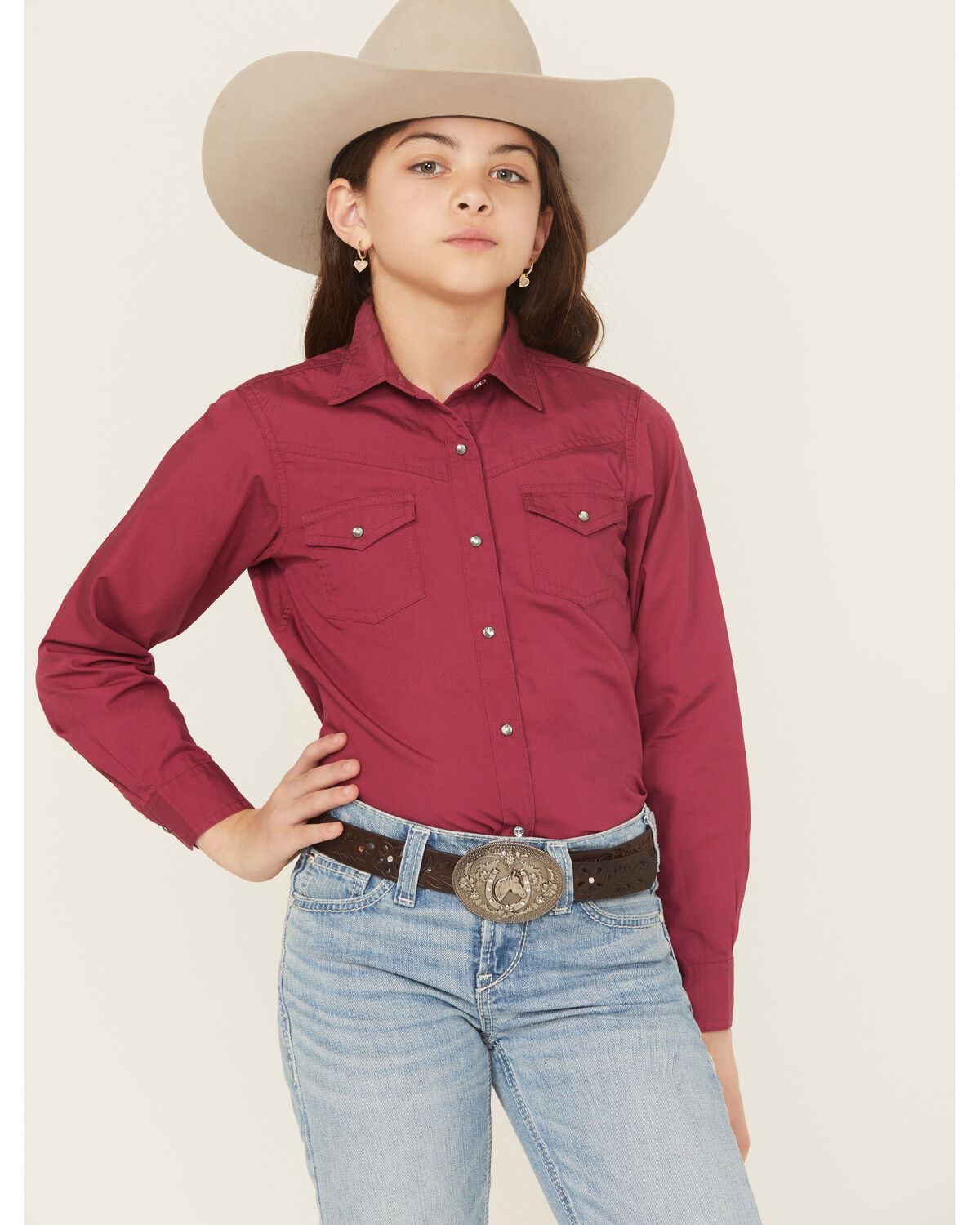 Image #1 - Ariat Girls' Shine Bright Solid Long Sleeve Rhinestone Snap Western Shirt, Maroon, hi-res