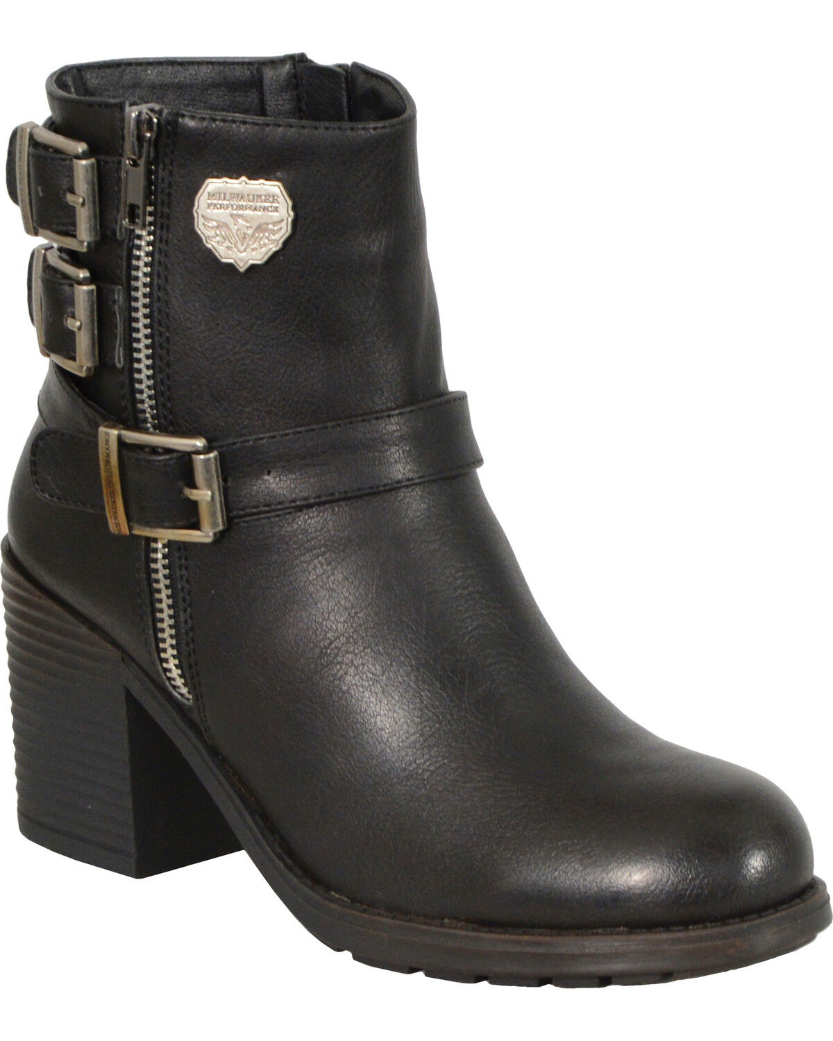 Milwaukee Leather Women's Triple Buckle Side Zipper Boots, Black, hi-res