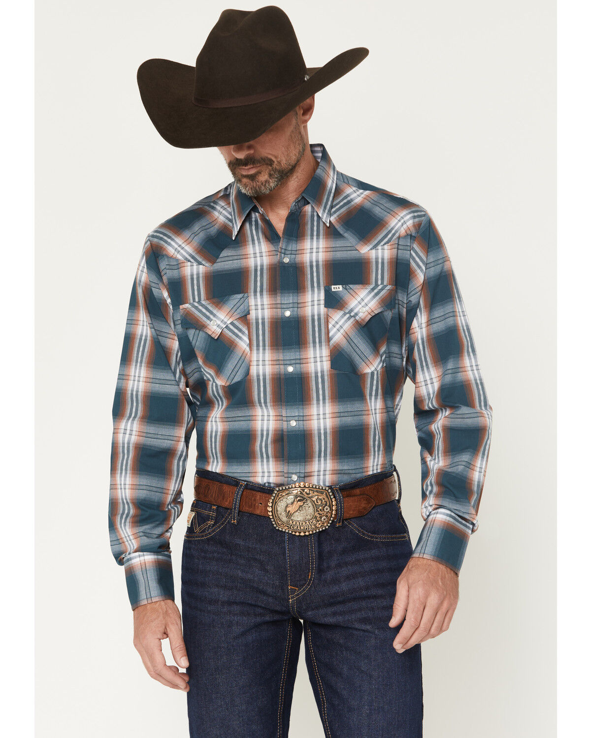 Image #1 - Ely Walker Men's Plaid Print Long Sleeve Pearl Snap Western Shirt, Dark Teal, hi-res