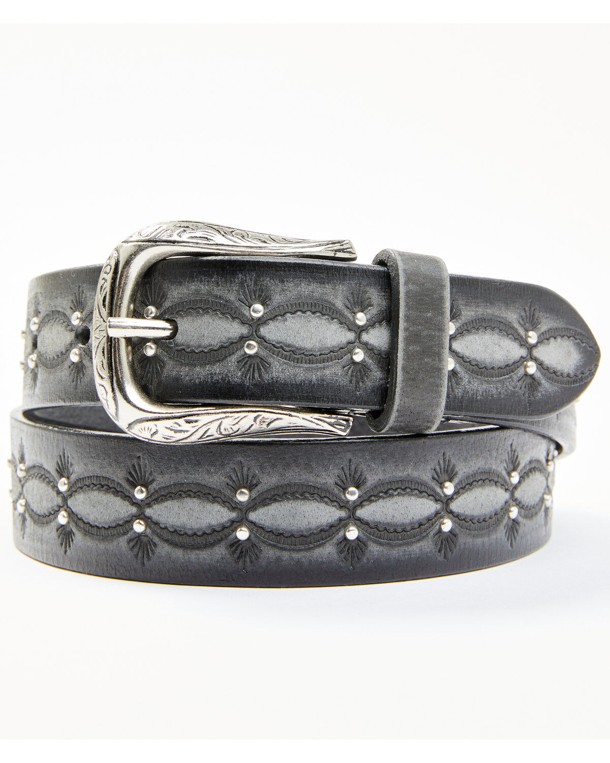 Shyanne Women's Embossed & Studded Leather Belt, Black/grey, hi-res