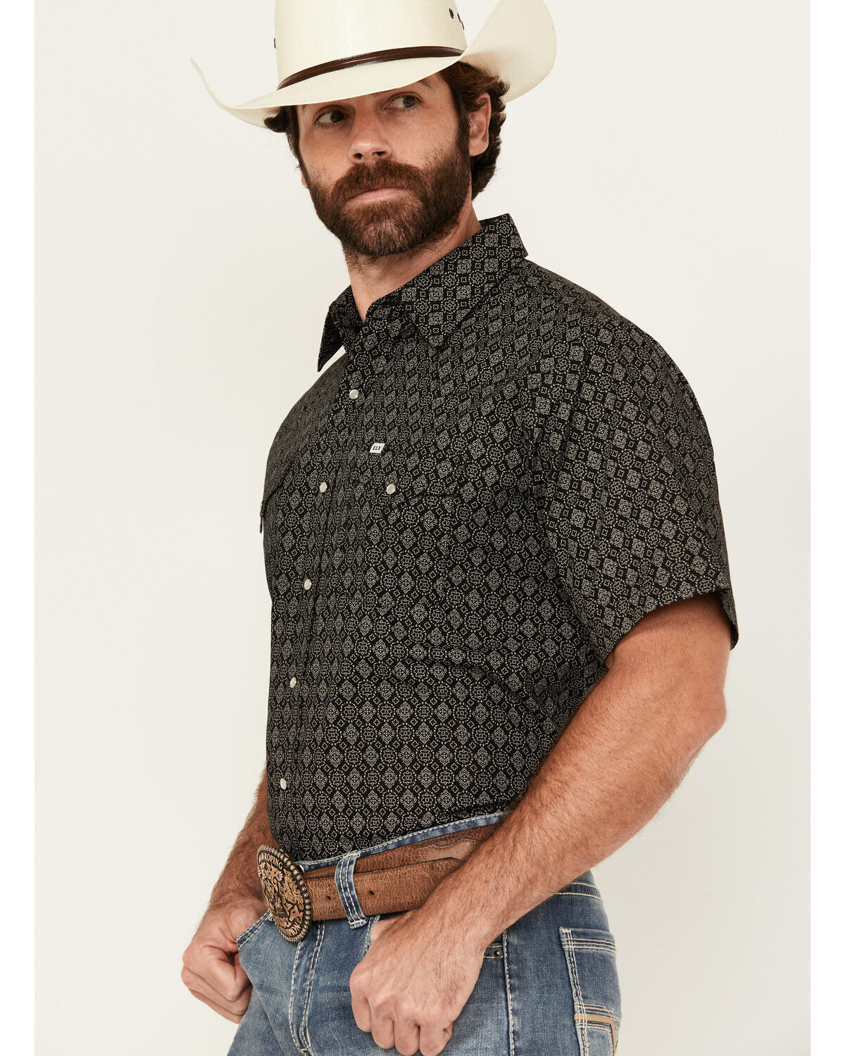 Image #2 - Ely Walker Men's Geo Print Short Sleeve Snap Western Shirt, Black, hi-res