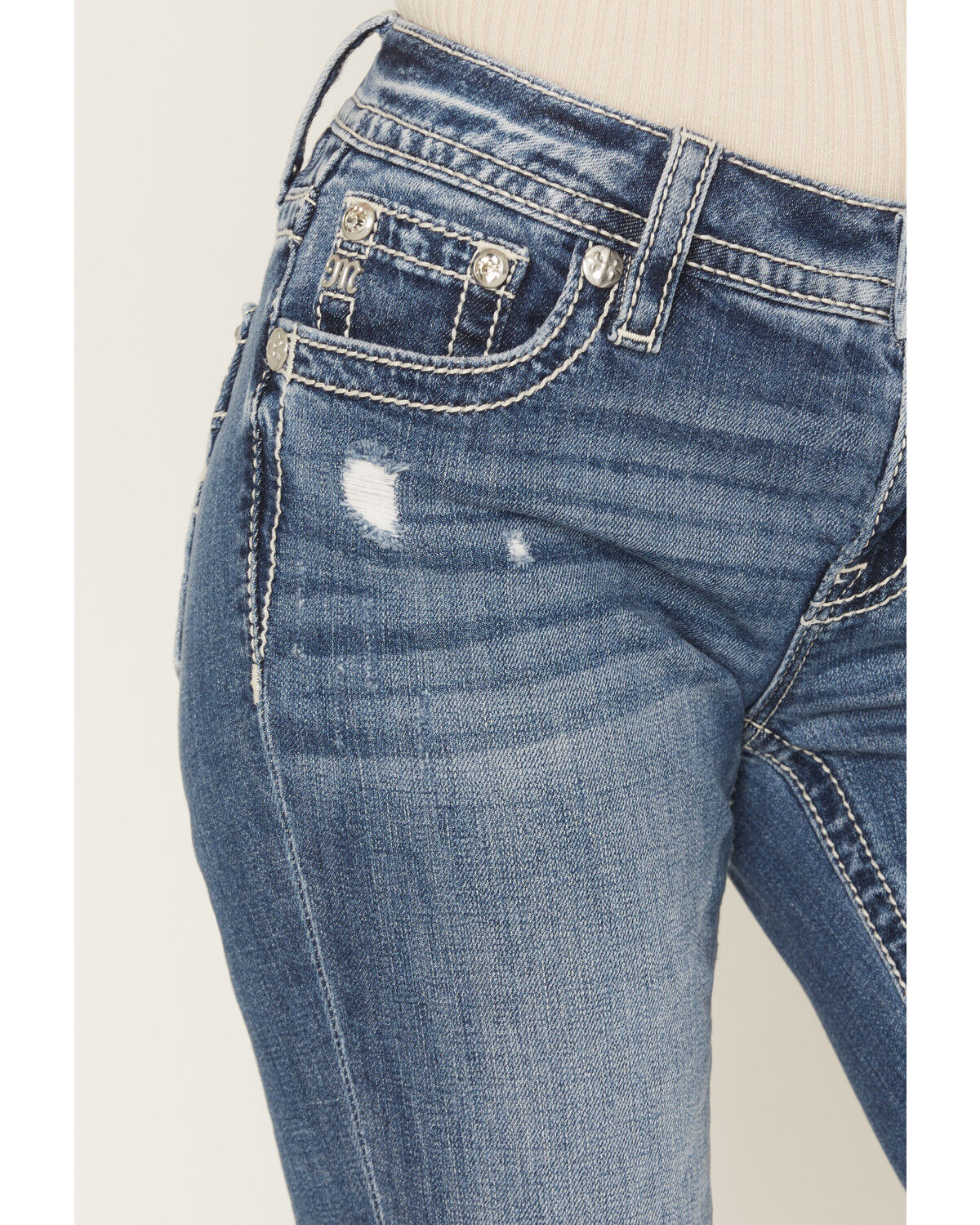 Image #4 - Miss Me Women's Medium Wash Mid Rise Americana Pocket 34" Bootcut Stretch Denim Jeans, Medium Wash, hi-res
