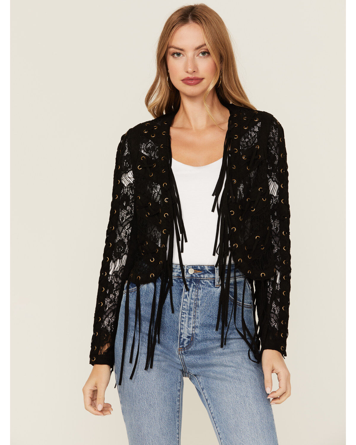 Image #1 - Vocal Women's Suede Tassel Jacket, Black, hi-res