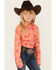 Image #1 - Wrangler Girls' Conversation Print Long Sleeve Pearl Snap Western Shirt , Orange, hi-res