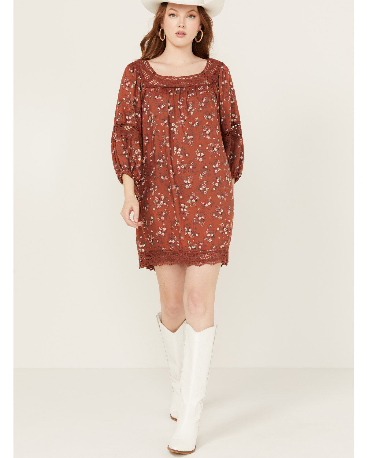 Image #1 - Angie Women's Floral Print Crochet Long Sleeve Mini Dress, Rust Copper, hi-res