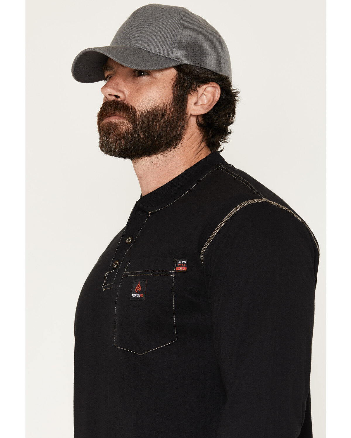 Image #2 - Forge Workwear Men's FR Lightweight Long Sleeve 1/4 Button-Down Henley Work Shirt, Black, hi-res
