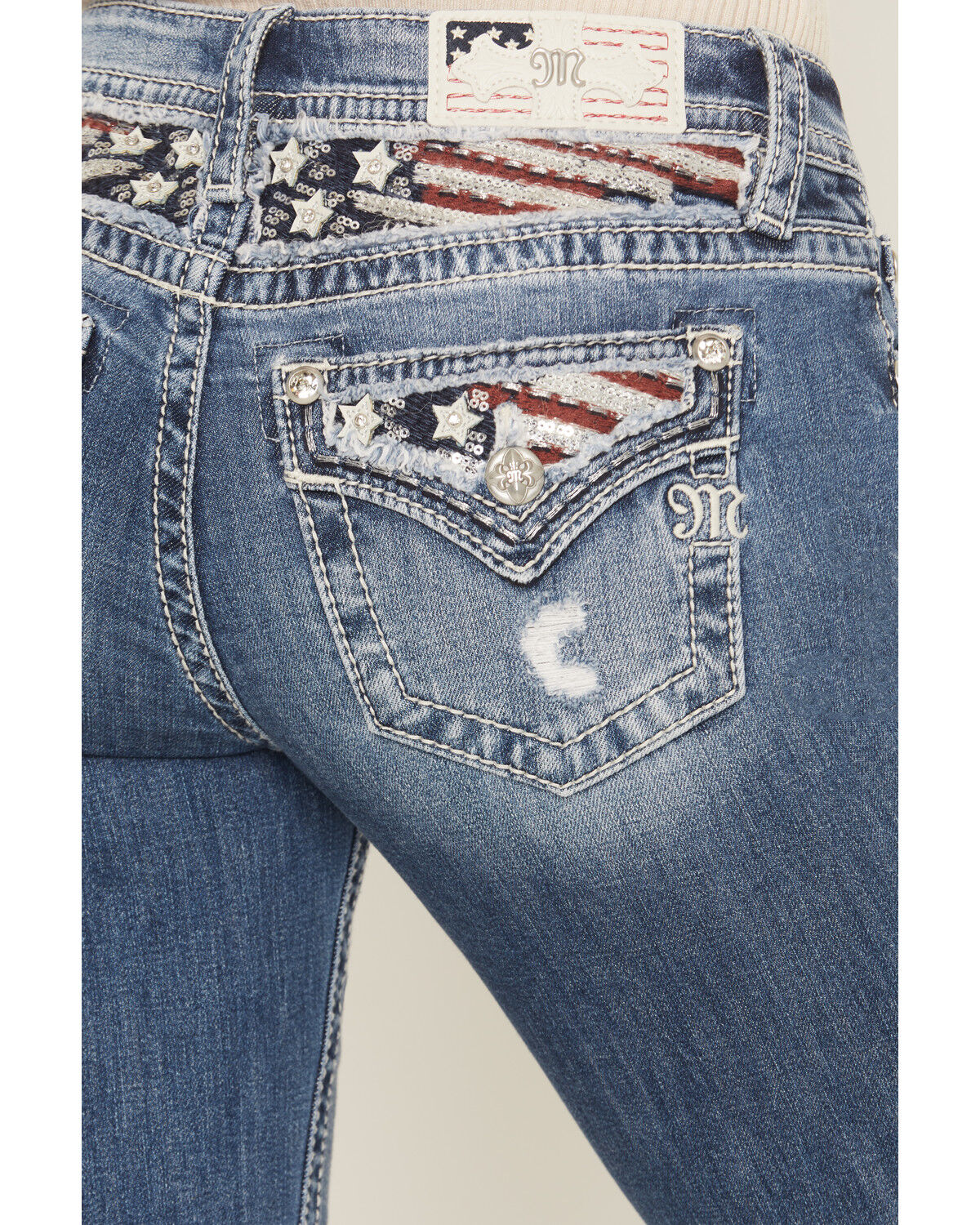 Image #2 - Miss Me Women's Medium Wash Mid Rise Americana Pocket 34" Bootcut Stretch Denim Jeans, Medium Wash, hi-res