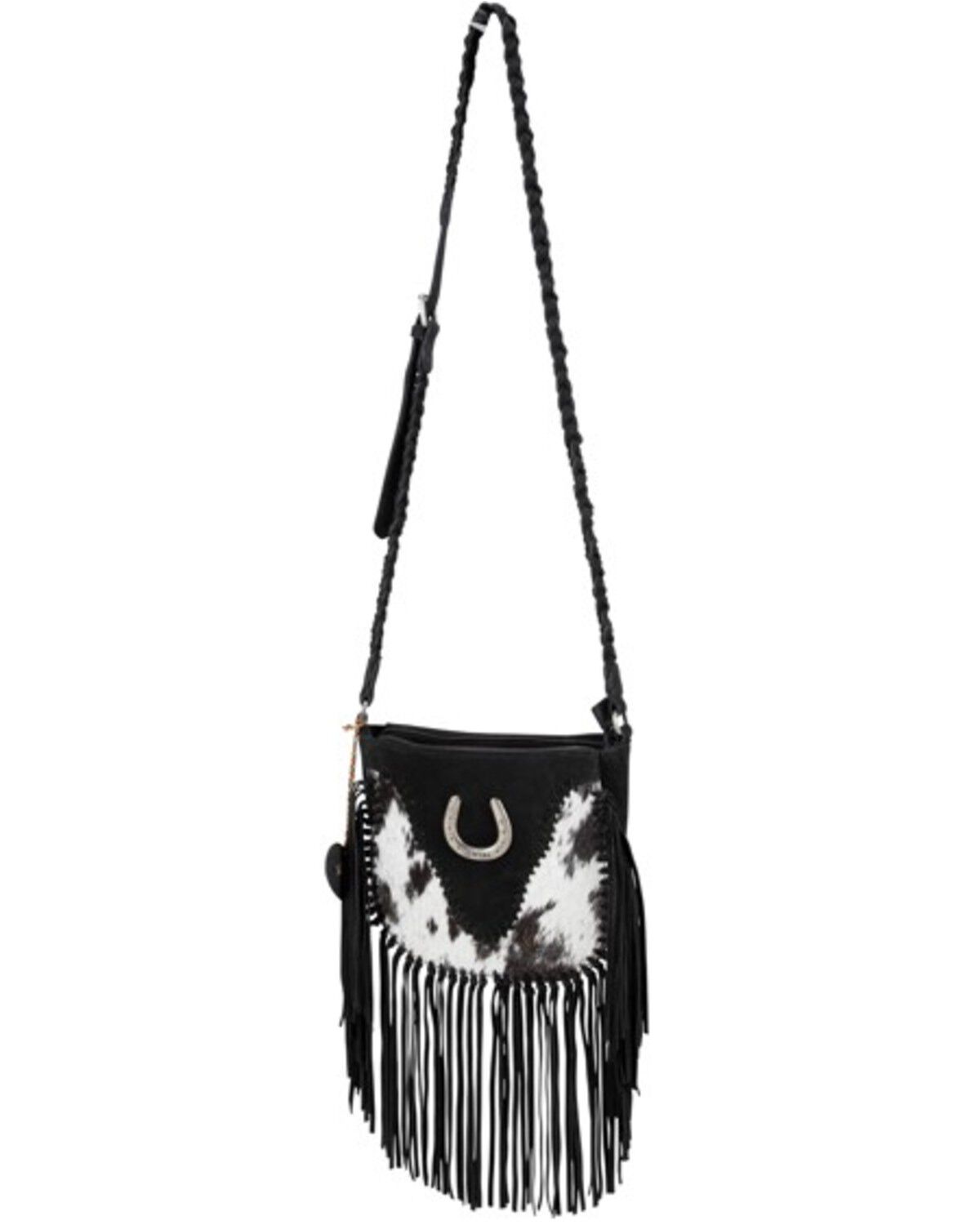Image #1 - Myra Bag Women's Mustang's Luck Leather and Hair-On Shoulder Bag, Black/white, hi-res