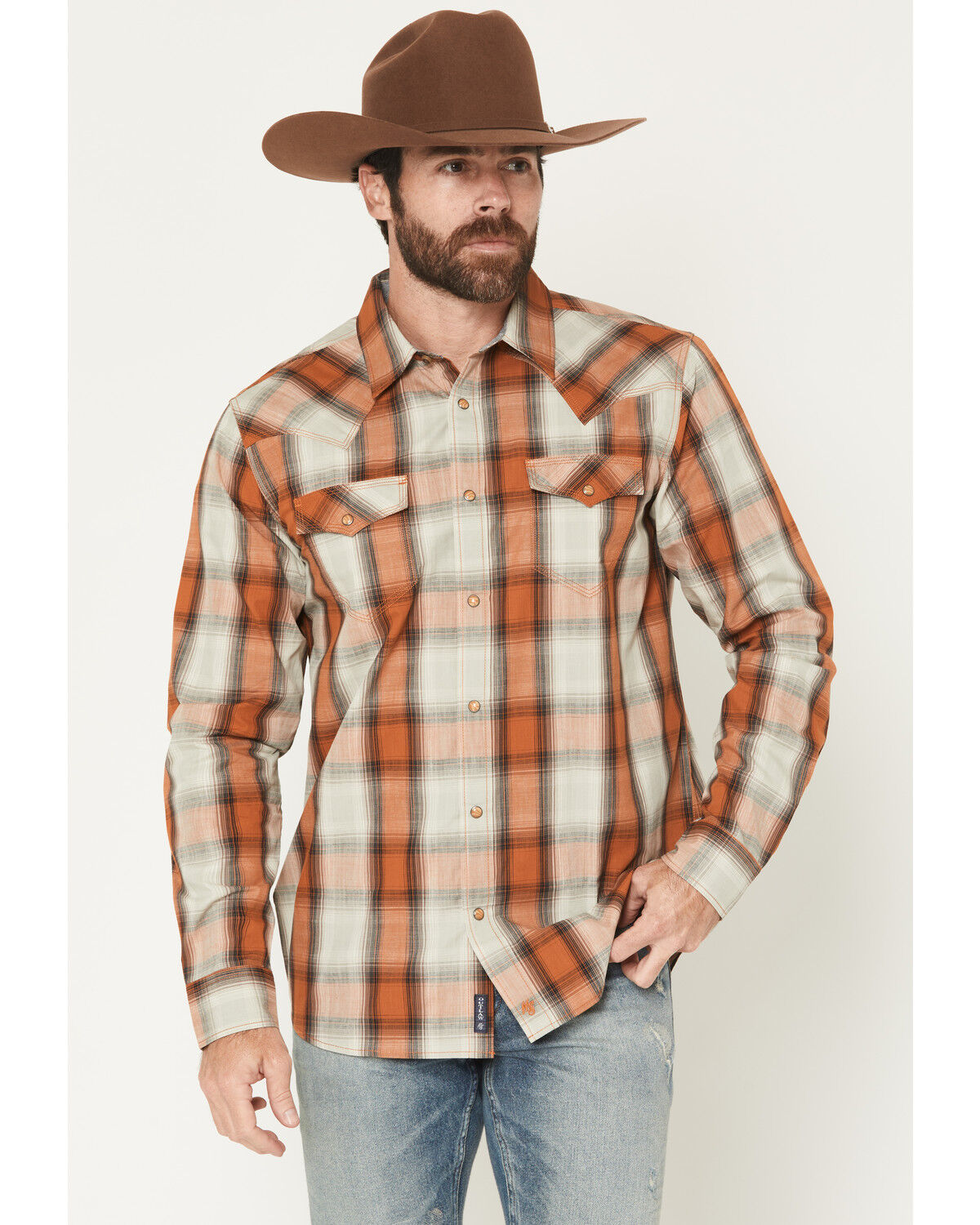 Moonshine Spirit&reg; Men's Rusty Nail Plaid Print Long Sleeve Snap Western Shirt, Rust Copper, hi-res