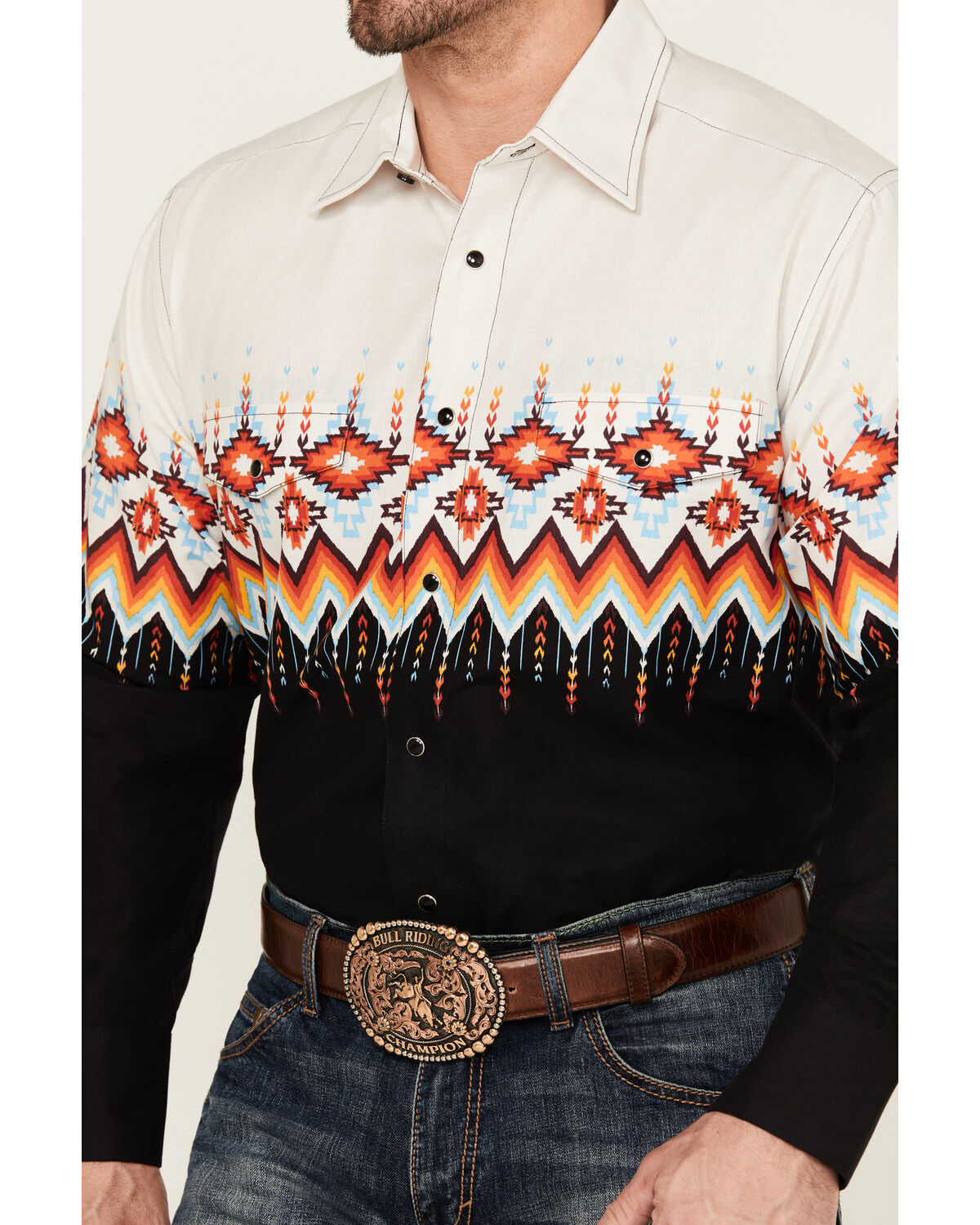 Image #3 - Panhandle Men's Southwestern Border Print Long Sleeve Snap Western Shirt, Black, hi-res