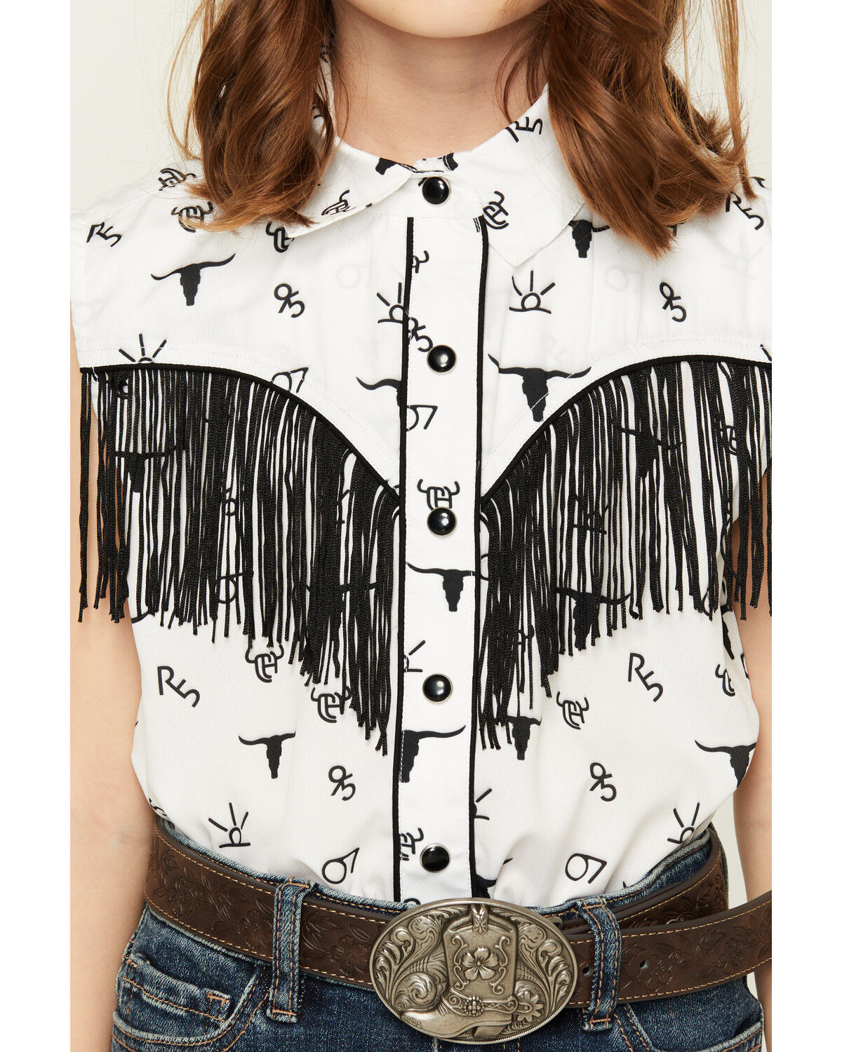Image #3 - Cowgirl Hardware Girls' Branding Iron Fringe Sleeveless Snap Western Shirt, Black/white, hi-res