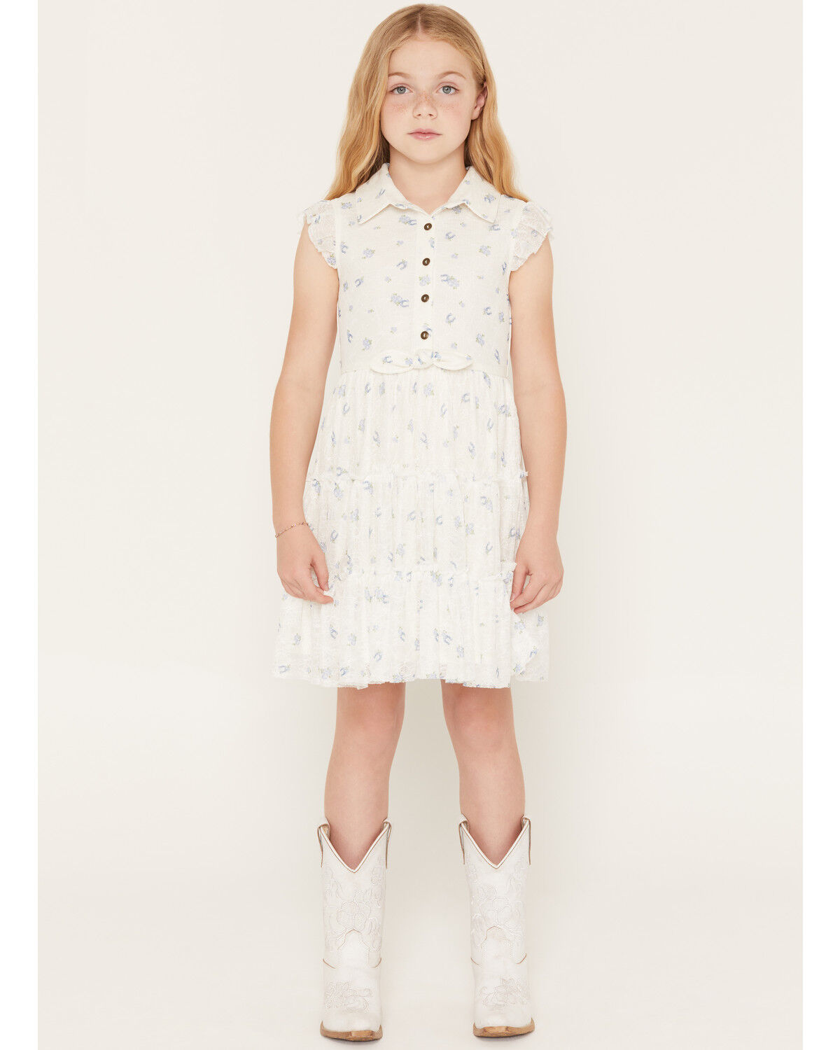 Sugar California Girls' Horseshoe Floral Print Lace Button-Down Dress, White, hi-res