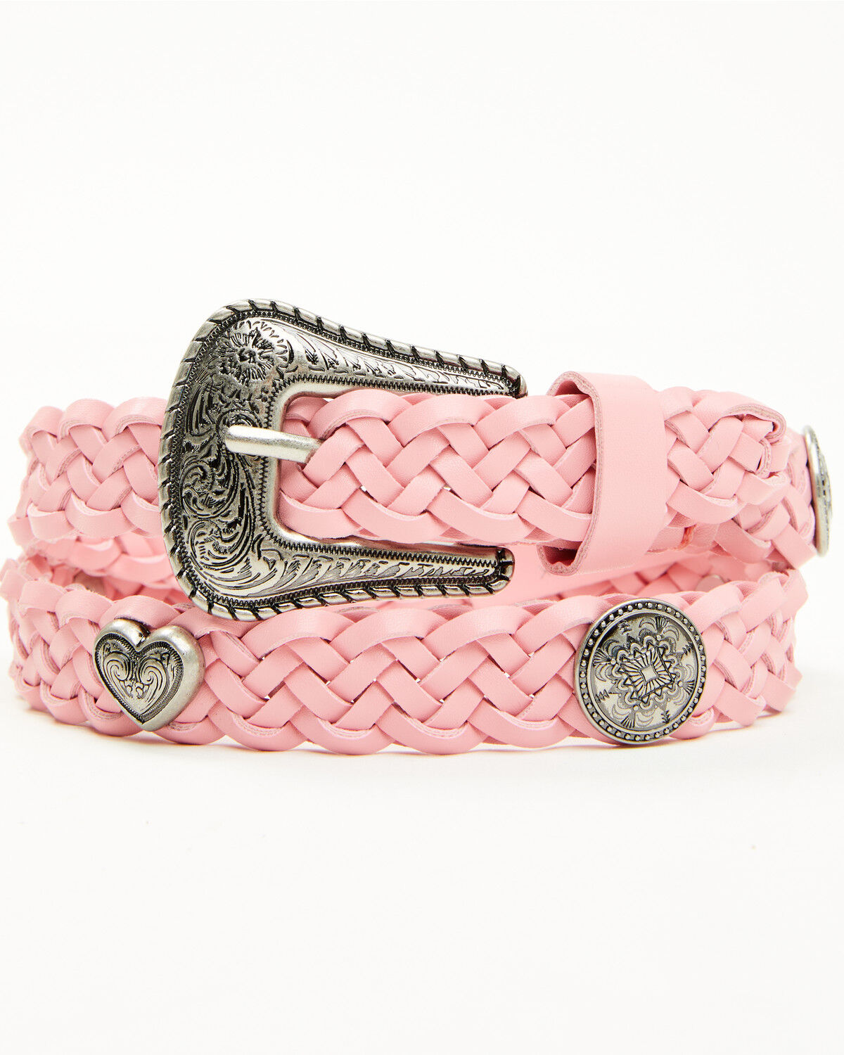 Shyanne Girls' Luella Heart Concho Braided Belt, Pink, hi-res