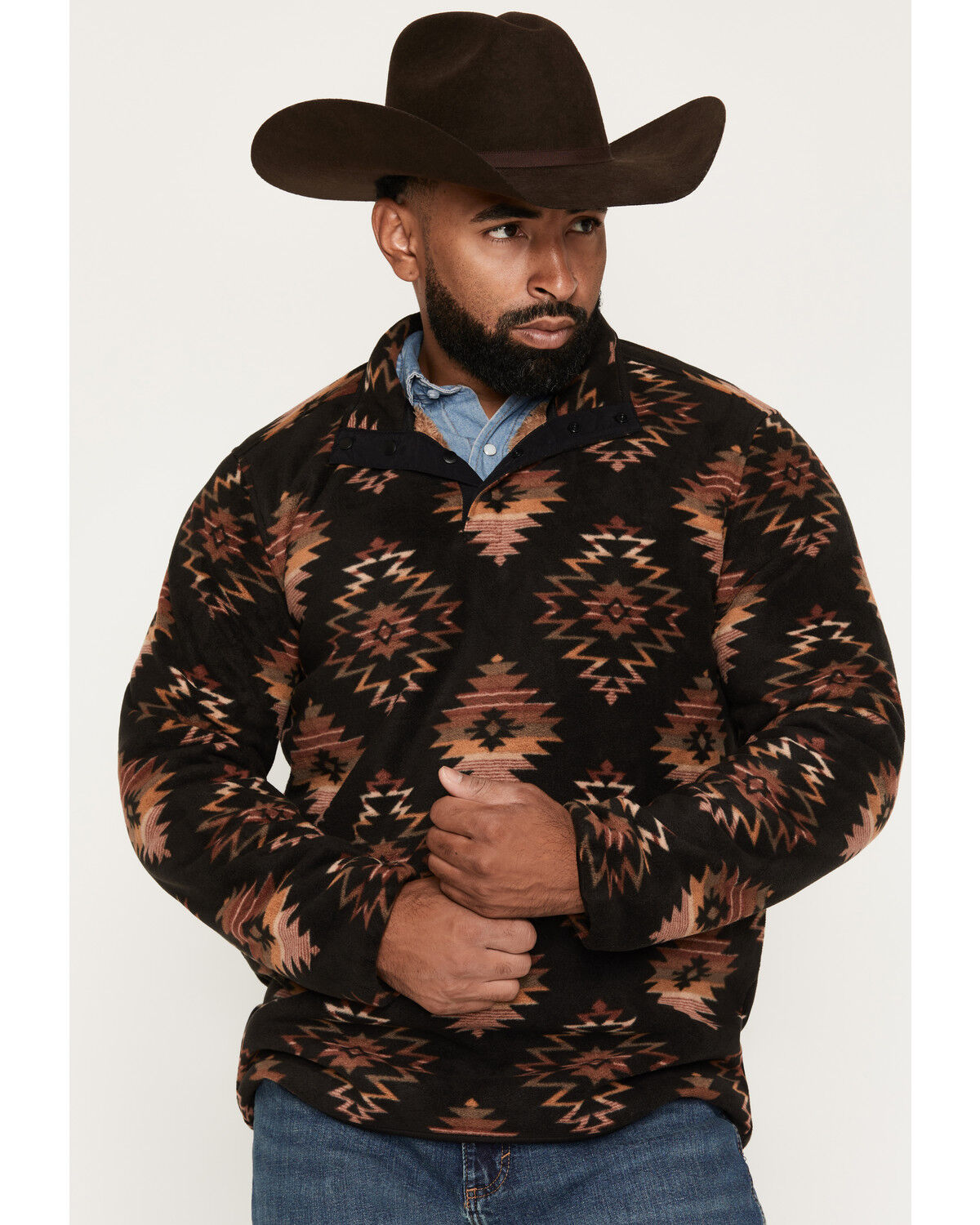 Image #1 - Cody James Men's Saddleback Southwestern Print Polar Fleece 1/4 Snap Pullover, Black, hi-res
