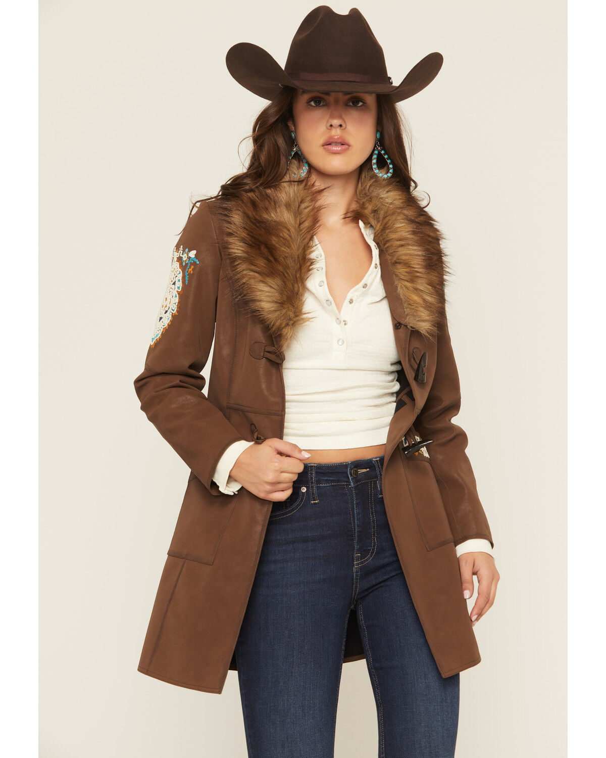 Shyanne Women's Faux Leather Fur Collar Embroidered Coat, Brown, hi-res